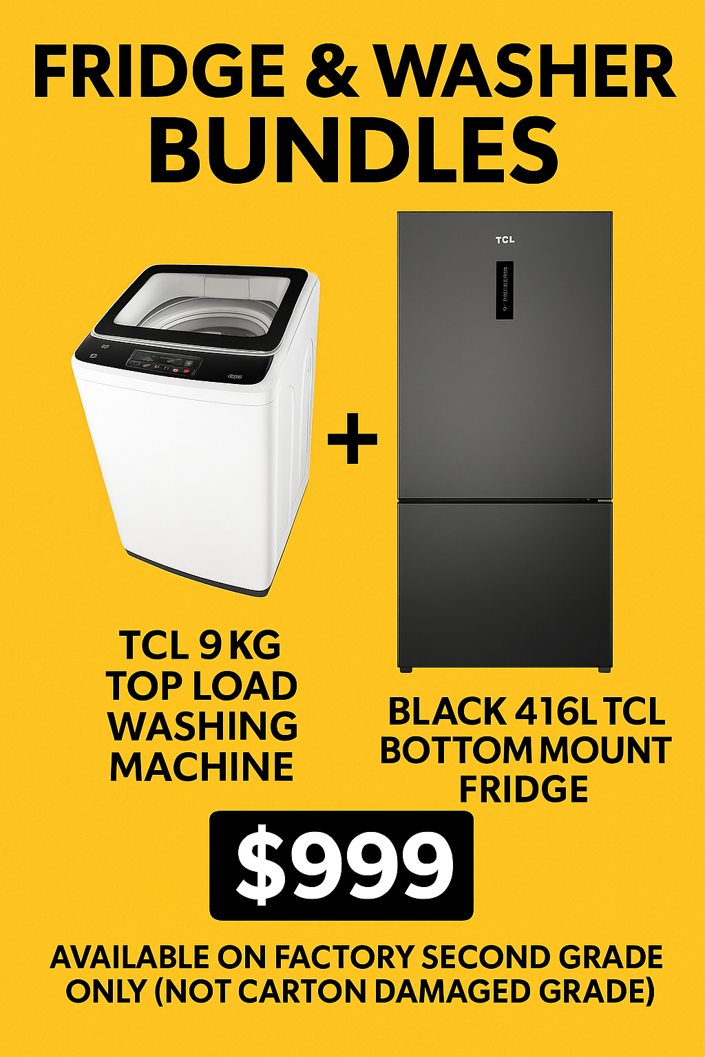 Deal of the month/ TCL Fridge + Washer Combo Deal – 416L Bottom Mount Fridge + 9kg Top Load Washing Machine - Second Hand Appliances Geebung