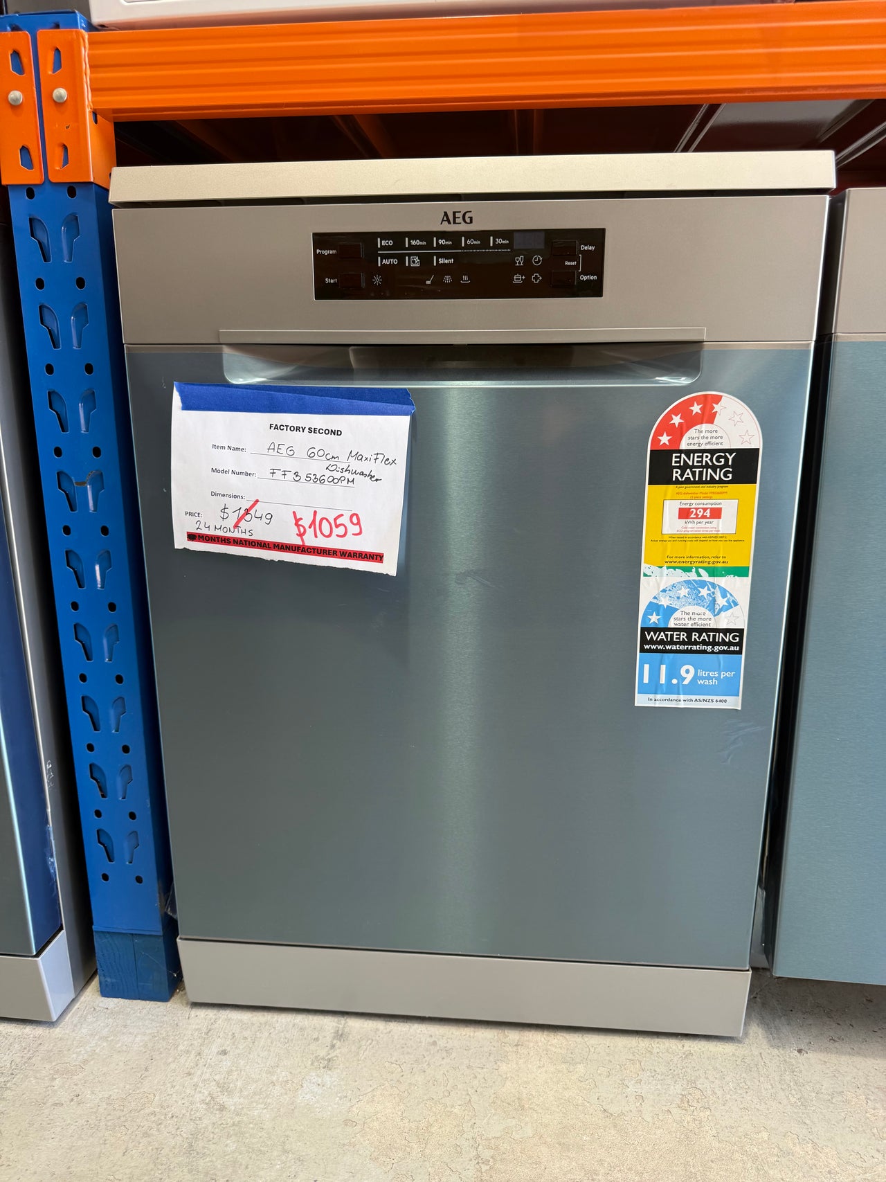 Factory second AEG 60cm Freestanding Dishwasher – Stainless Steel FFB53600PM - Second Hand Appliances Geebung