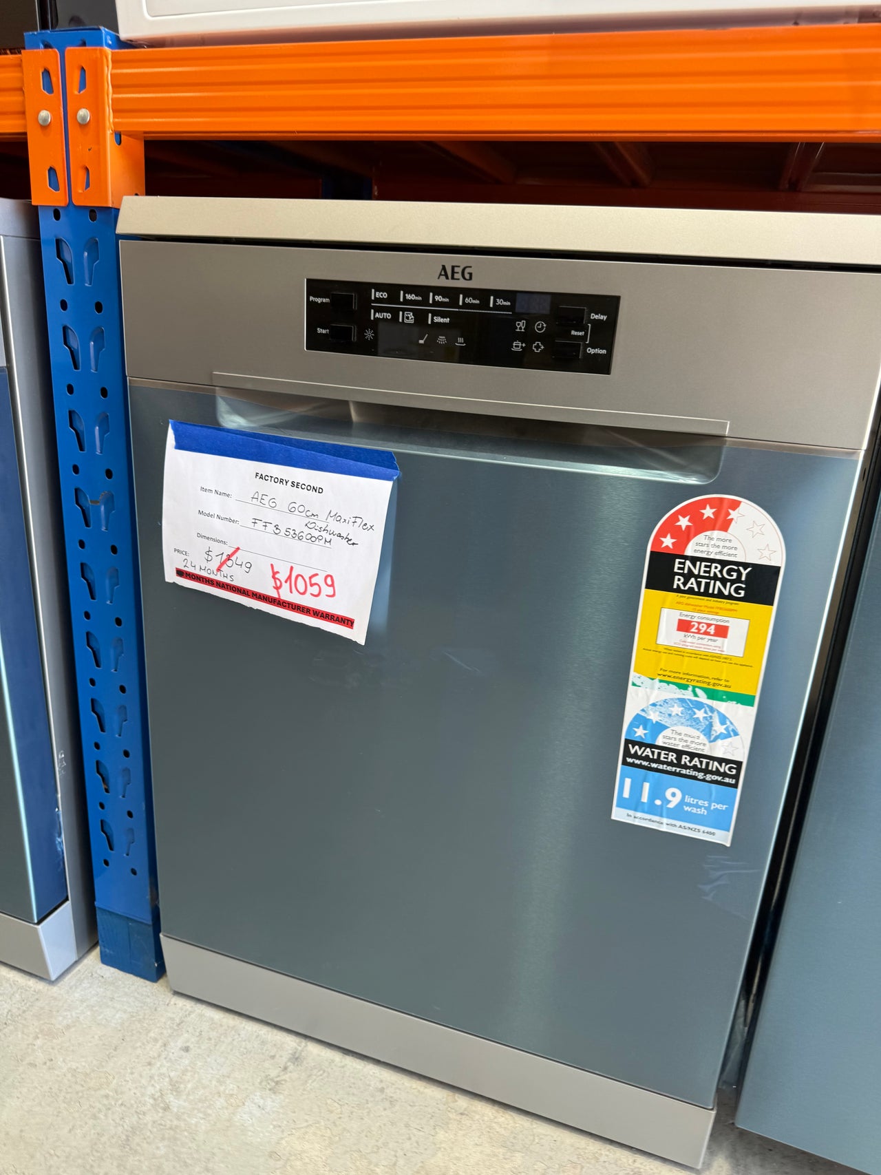 Factory second AEG 60cm Freestanding Dishwasher – Stainless Steel FFB53600PM - Second Hand Appliances Geebung