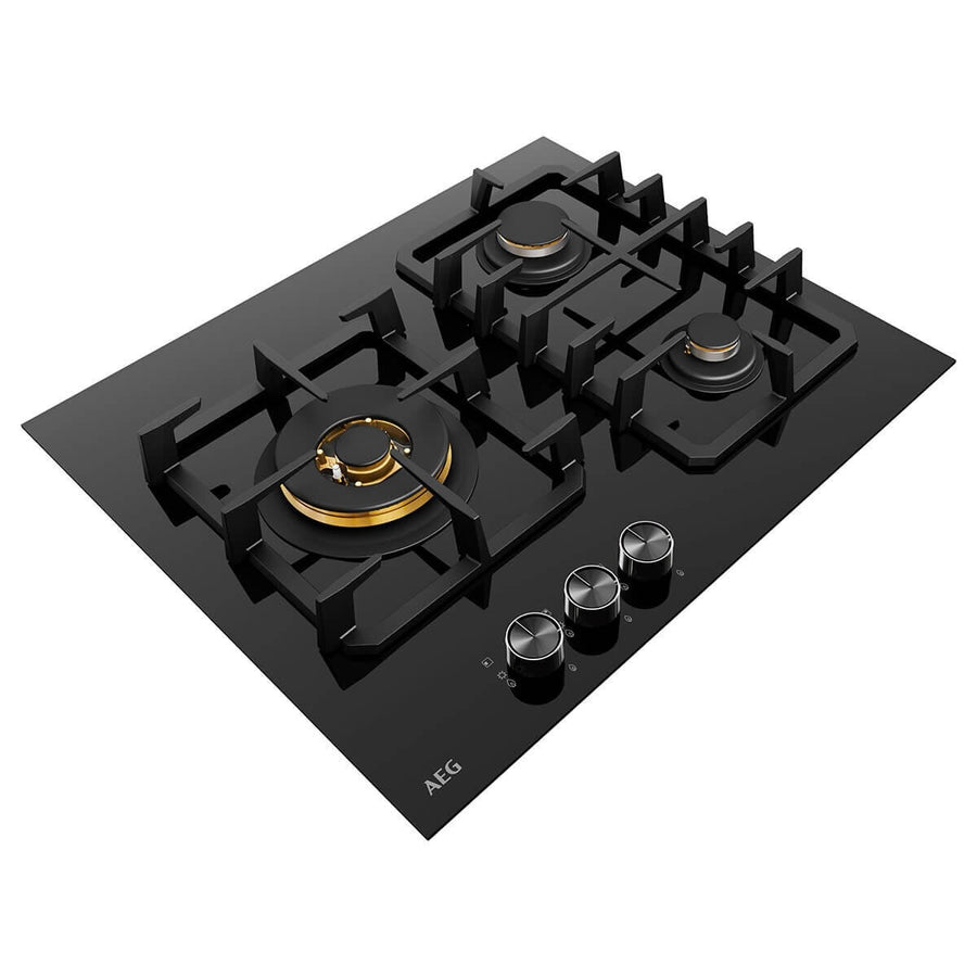 Factory second AEG HGC6366BB – 60cm 3 Burner Ceramic Glass Gas Cooktop (Black) - Second Hand Appliances Geebung