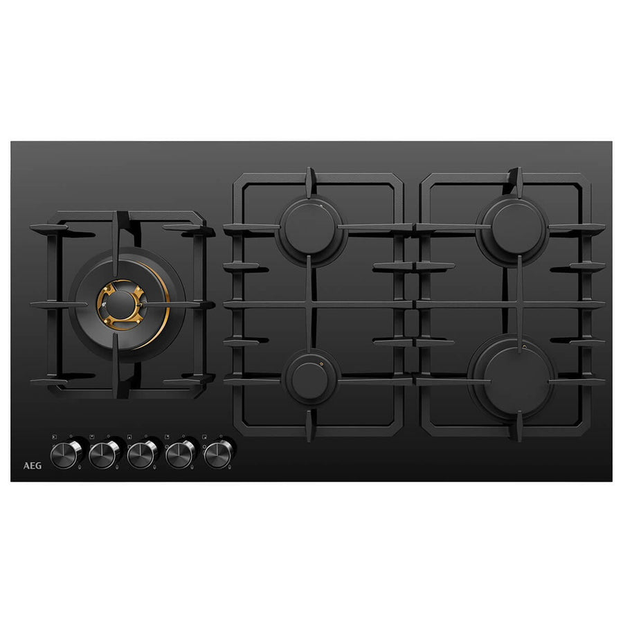 Factory second AEG HGC9566BB 90cm 5 Burner Ceramic Glass Gas Cooktop – Black (NAT) - Second Hand Appliances Geebung