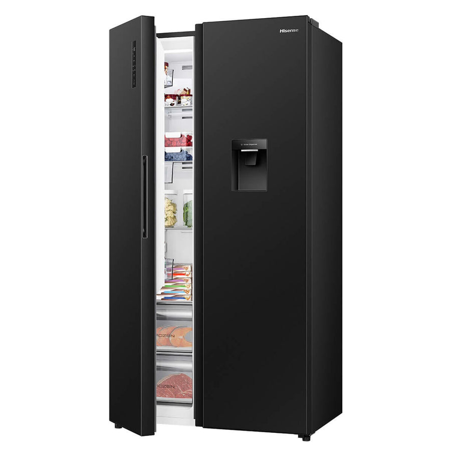 Factory second/Carton damaged Hisense 541L PureFlat Side by Side Fridge with Non-Plumbed Water Dispenser – Black Model: HRSBS540BW - Second Hand Appliances Geebung