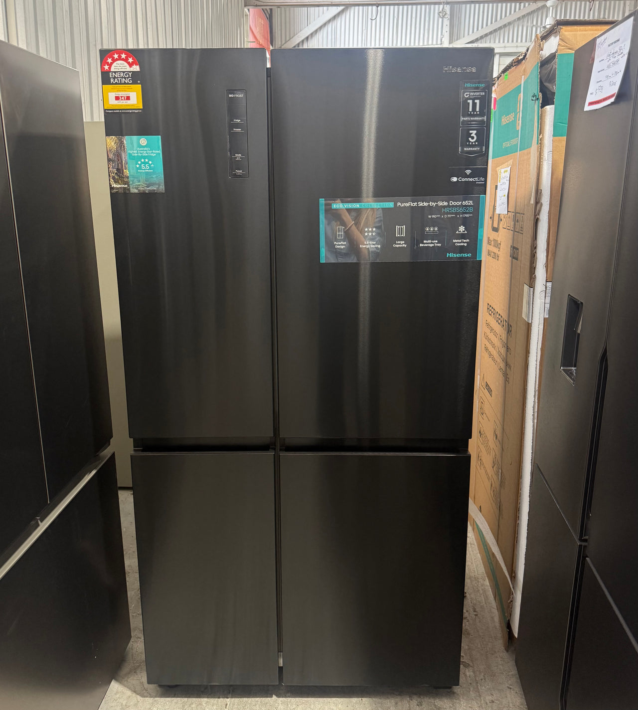 Factory second/Carton damaged Hisense 652L PureFlat Side-by-Side Refrigerator – Black Steel HRSBS652B - Second Hand Appliances Geebung