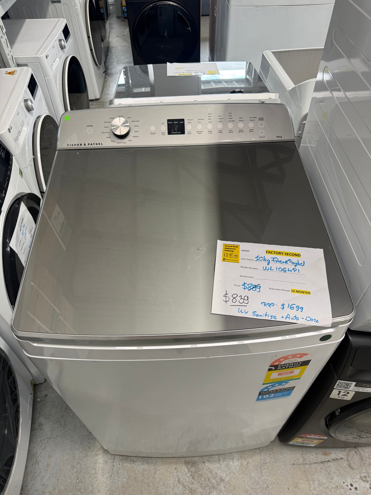 Factory second Fisher & Paykel 10kg Series 7 Top Load Washing Machine with UV Sanitise and Auto Dose – White  Model: WL1064P1 - Second Hand Appliances Geebung