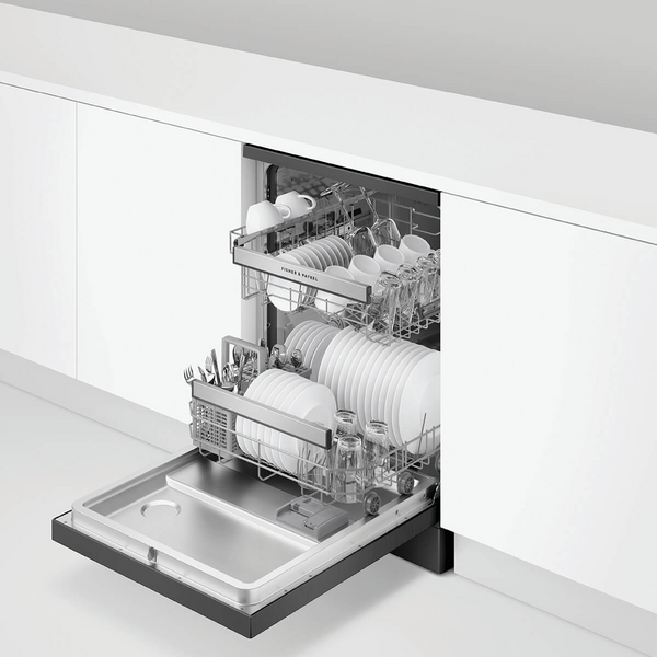 Transportation damaged Fisher & Paykel 60 cm Freestanding Dishwasher – DW60FC1B2 (Black Stainless Steel) - Second Hand Appliances Geebung
