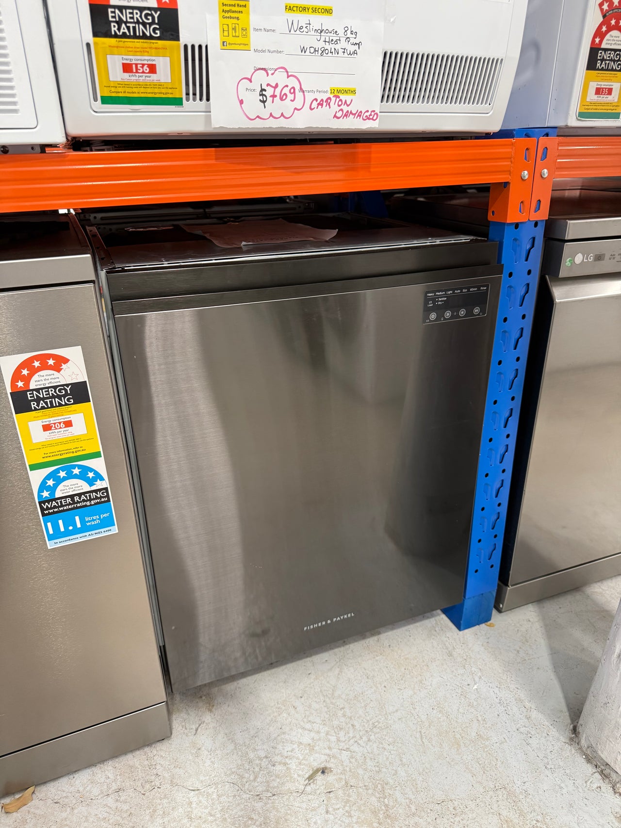 Factory second Fisher &Paykel DW60UN2B2 60cm built-under dishwasher/Black steel - Second Hand Appliances Geebung