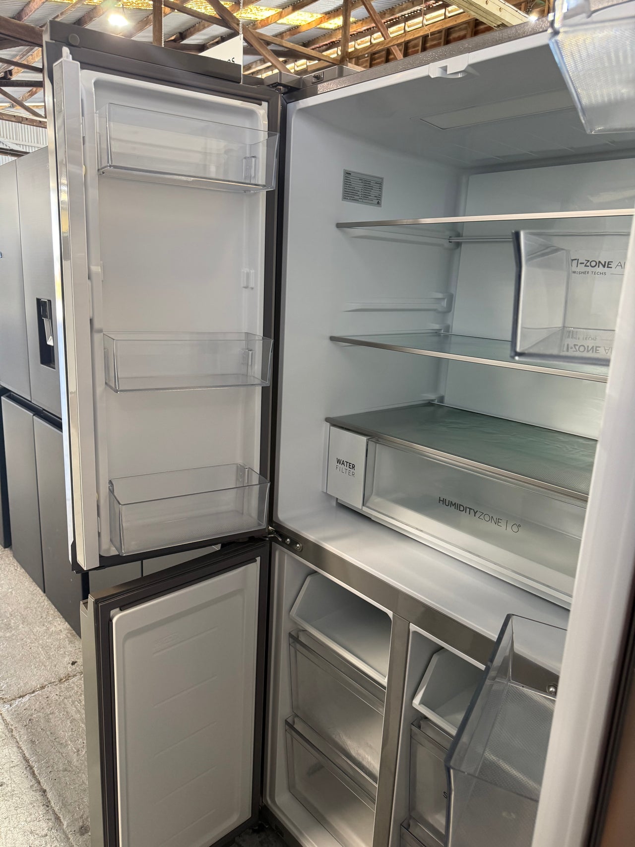 Factory second Haier 508L Quad Door Fridge with Ice & Plumbed-in Water Dispenser - Stainless Steel Model: HRF580YPS - Second Hand Appliances Geebung
