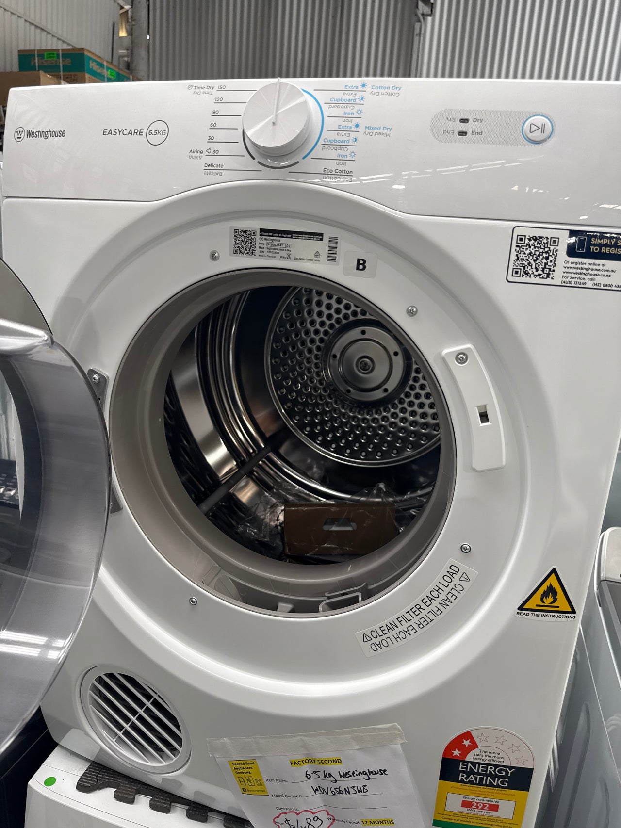 Factory second Westinghouse WDV656N3WB 6.5kg Vented Clothes Dryer - Second Hand Appliances Geebung