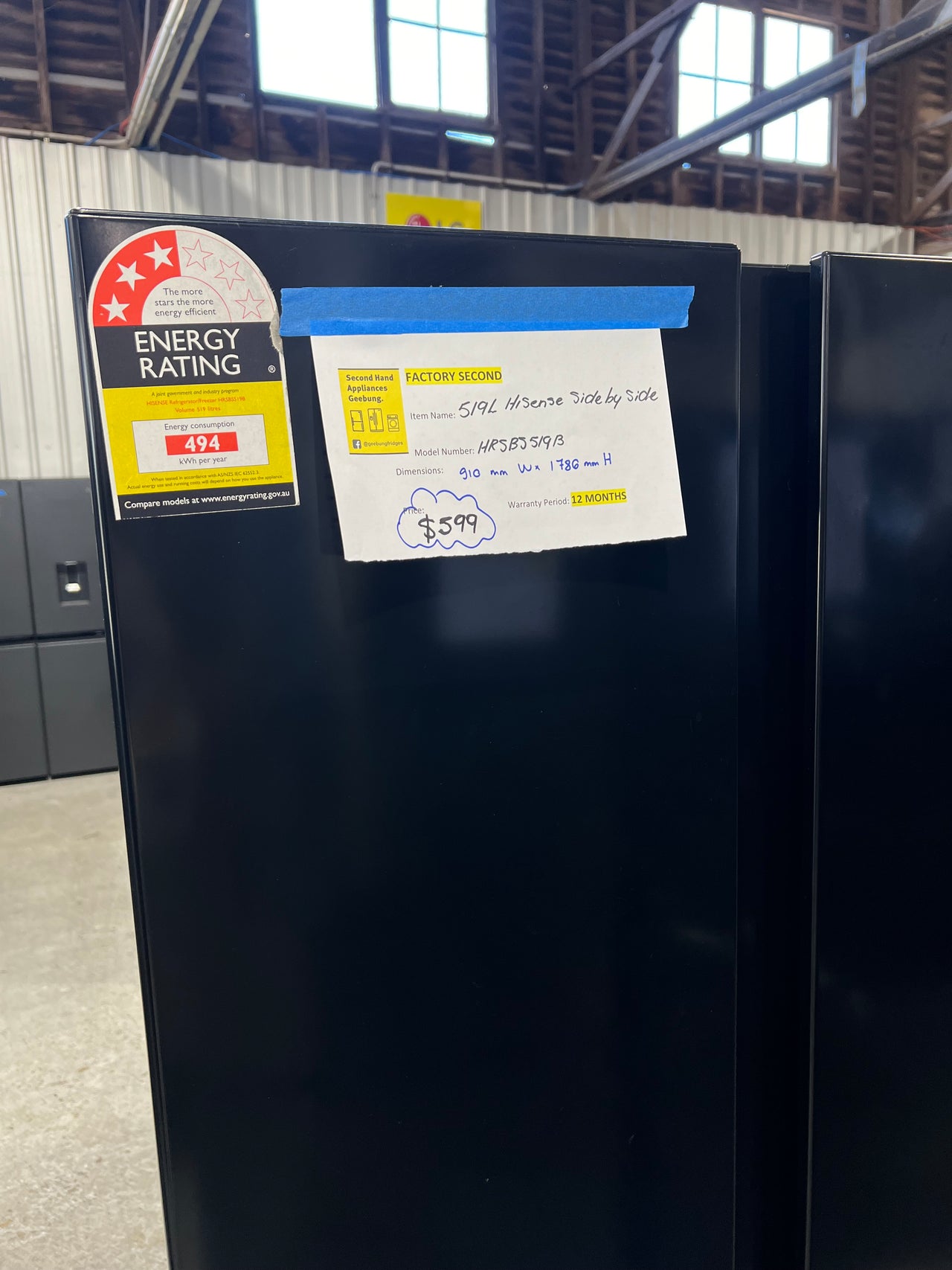 Factory second HISENSE 519 LITRE SIDE BY SIDE REFRIGERATOR Model: HRSBS519B - Second Hand Appliances Geebung