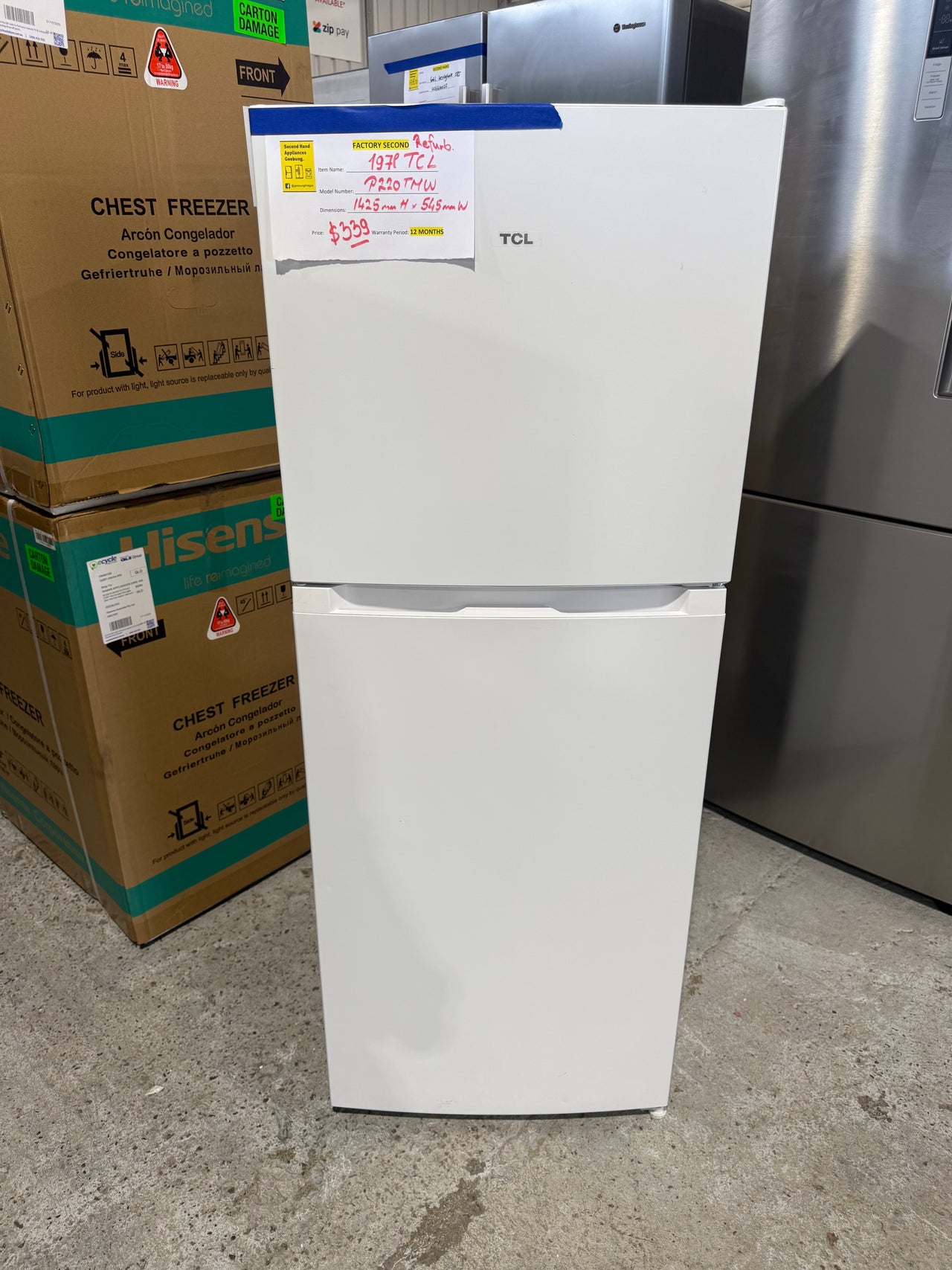 Factory second TCL P220TMW 197L Top Mount Fridge
