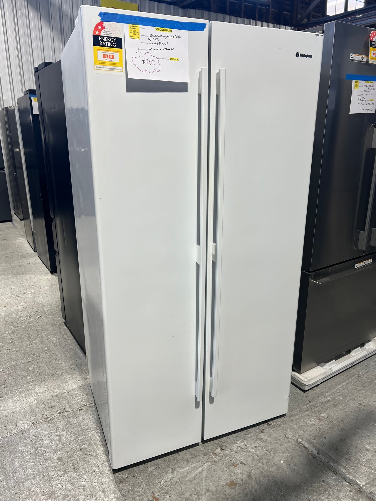 Second hand 606l Westinghouse side by side refrigerator Model: WSE6100WF - Second Hand Appliances Geebung