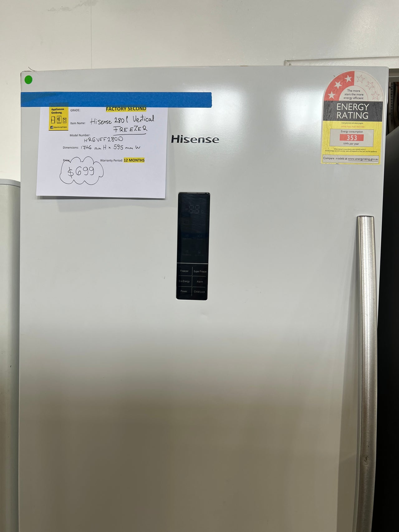 Factory second Hisense 280L Frost Free Upright Freezer HR6VFF280D
