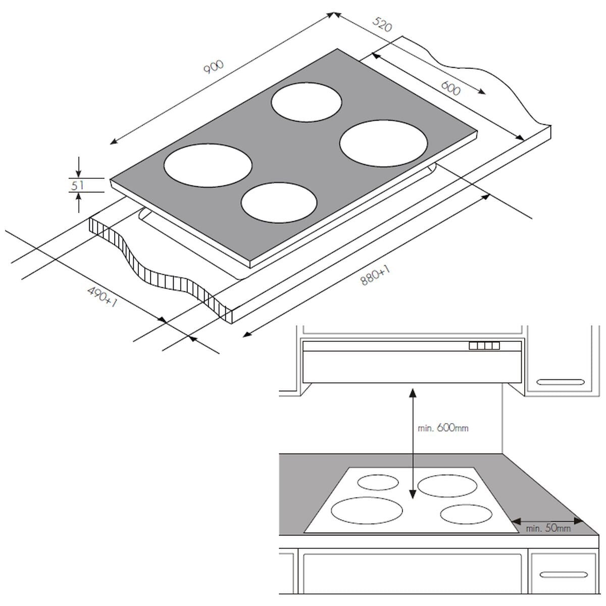 Factory second Chef 90cm 4-Zone Ceramic Cooktop – Black Glass CHC942BB