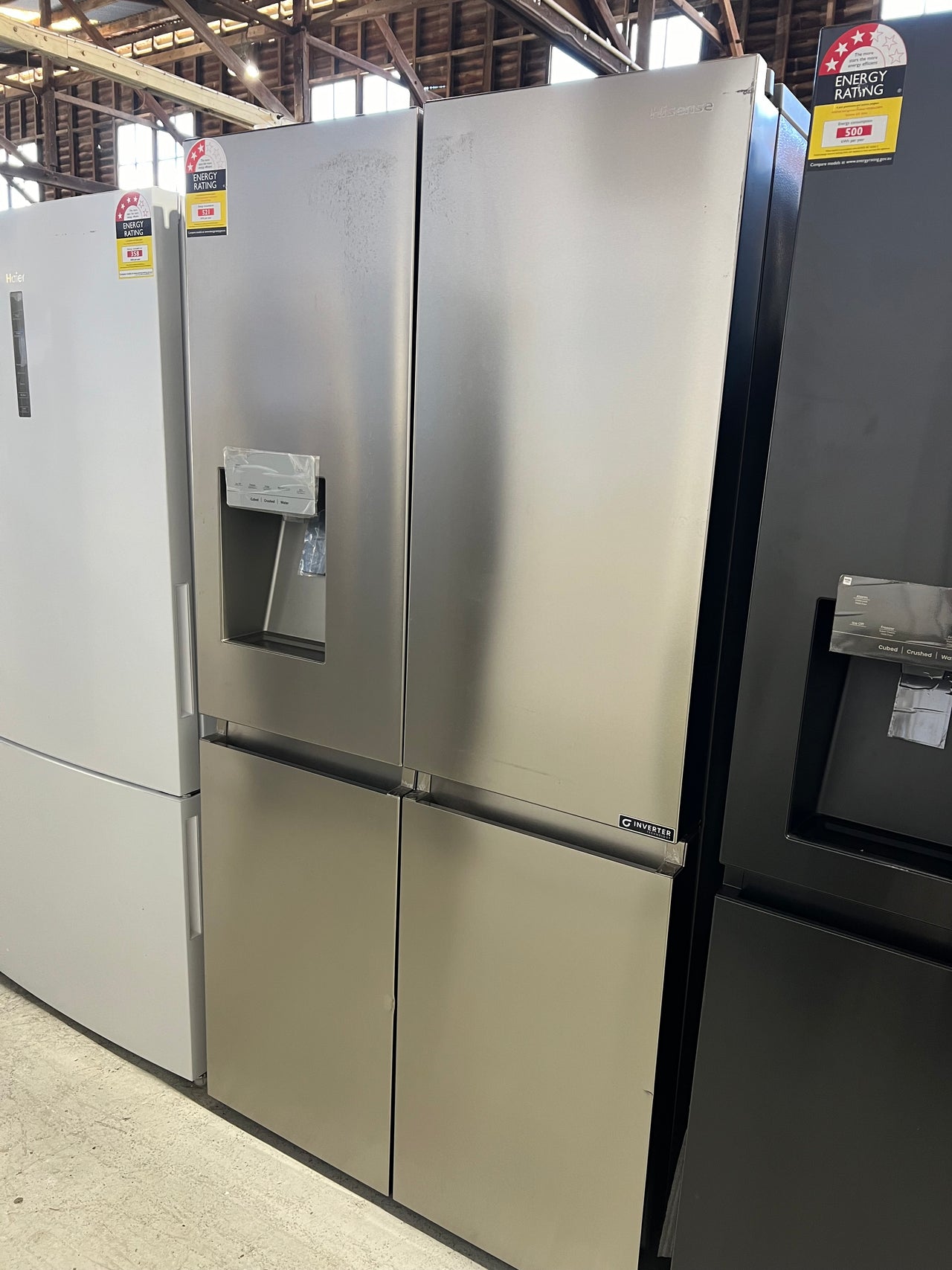 Transportation damaged Hisense 585L PureFlat Quad Door French Door Fridge with Ice & Water Dispenser - Stainless Steel Model: HRCD585SW - Second Hand Appliances Geebung