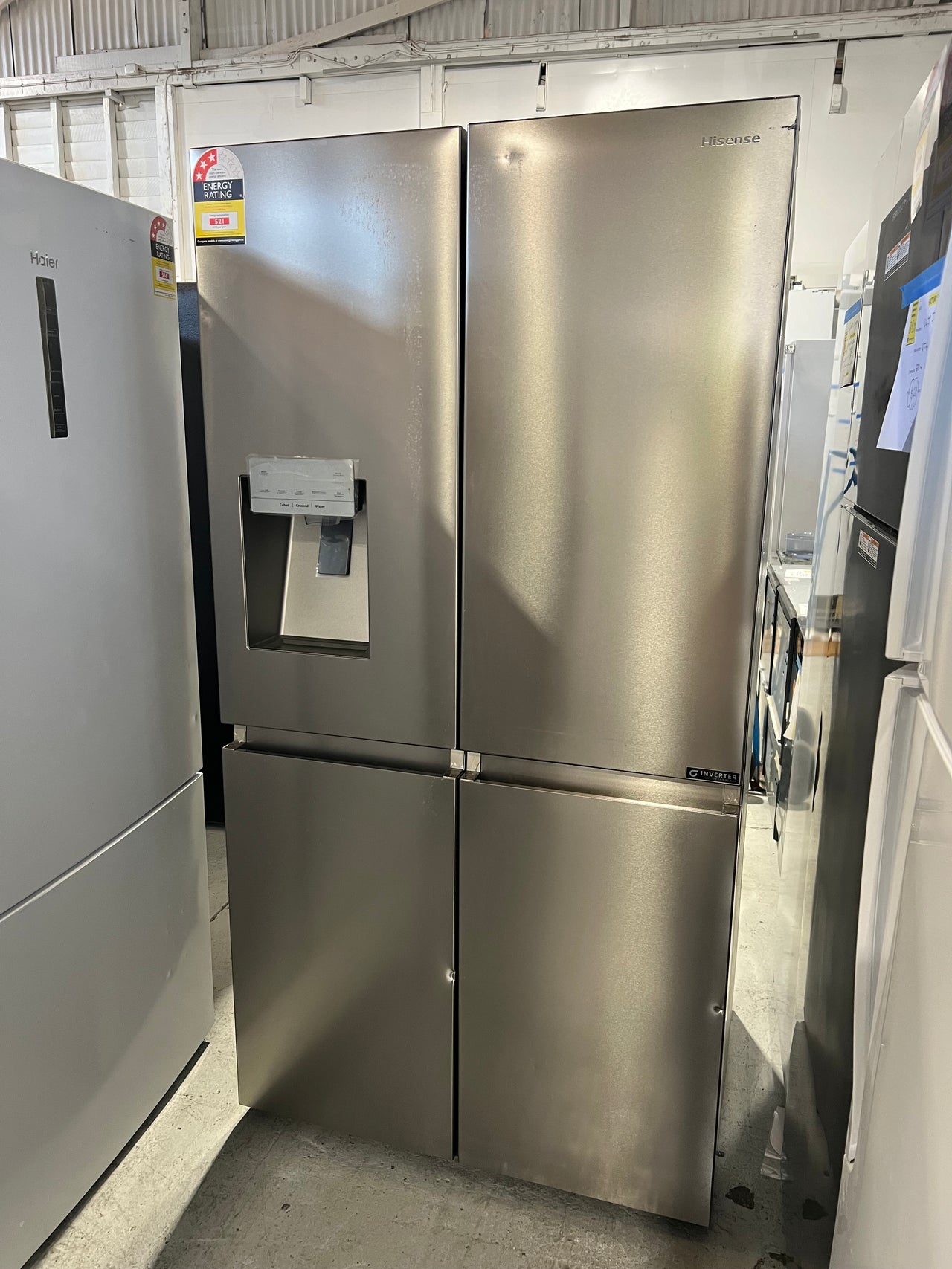 Transportation damaged Hisense 585L PureFlat Quad Door French Door Fridge with Ice & Water Dispenser - Stainless Steel Model: HRCD585SW - Second Hand Appliances Geebung