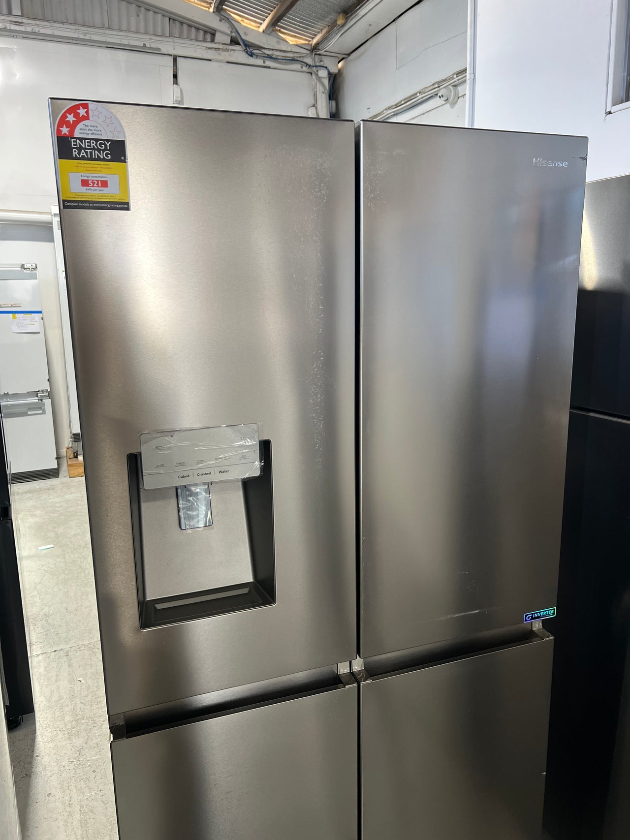 Transportation damaged Hisense 585L PureFlat Quad Door French Door Fridge with Ice & Water Dispenser - Stainless Steel Model: HRCD585SW - Second Hand Appliances Geebung