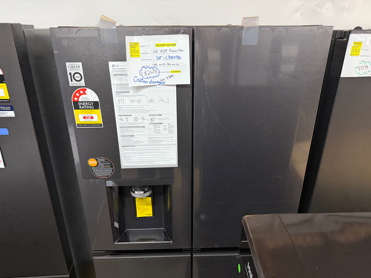 Transportation damaged LG 637L French Door Refrigerator GF-L700MBL