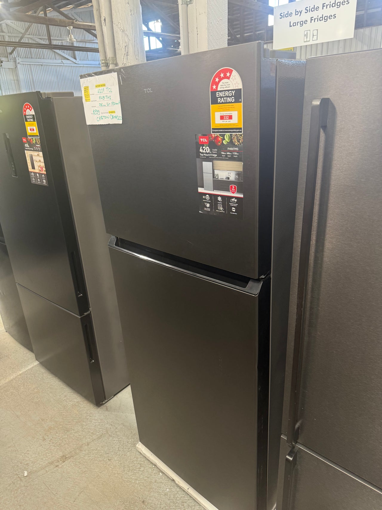 Transportation damaged TCL 420L Top Mount Fridge – Galaxy Grey (P491TMS)