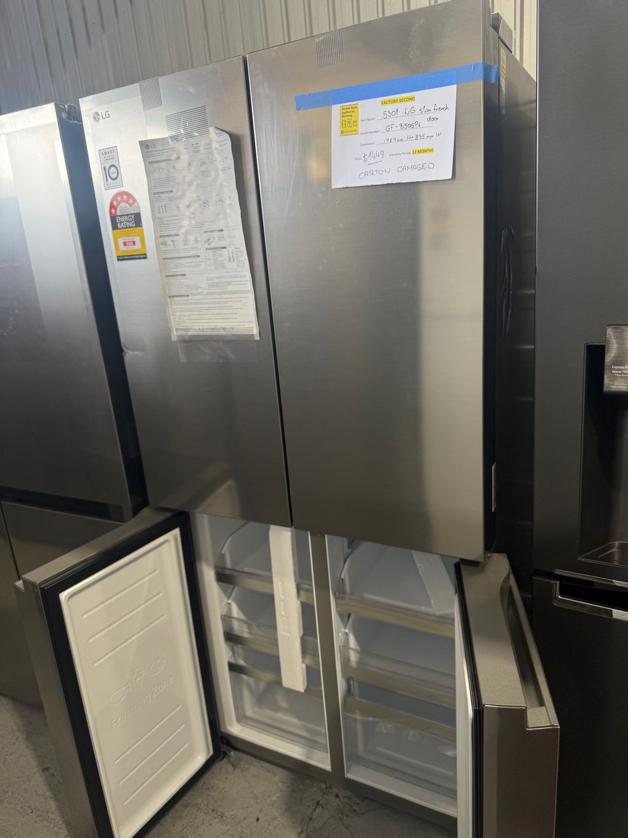 Transportation damaged LG 530l Slim French Door Refrigerator – Platinum Silver  Model: GF-B505PL