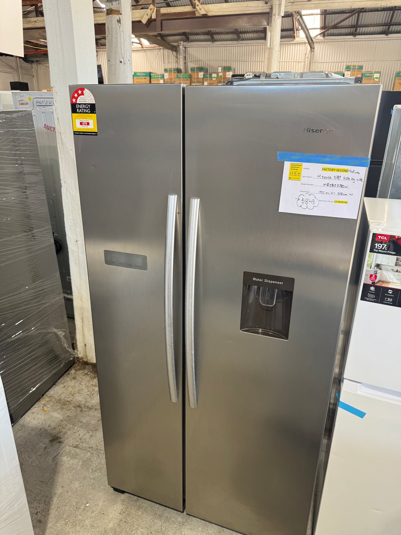 Factory second Hisense HRSBS578SW 578-litre side‑by‑side refrigerator