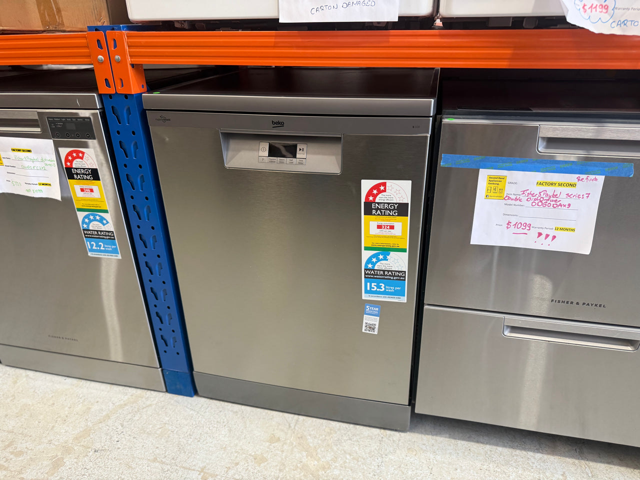 Transportation damaged Beko BDFB1410X 14-Place Freestanding Dishwasher (Stainless Steel) - Second Hand Appliances Geebung