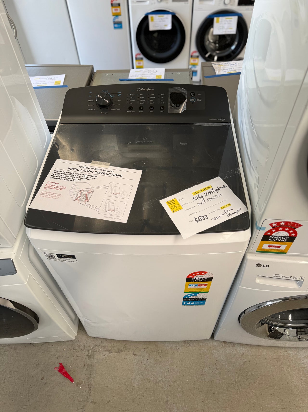 Transportation damaged Westinghouse WWT1084C7WA 10kg EasyCare 700 top load washing machine