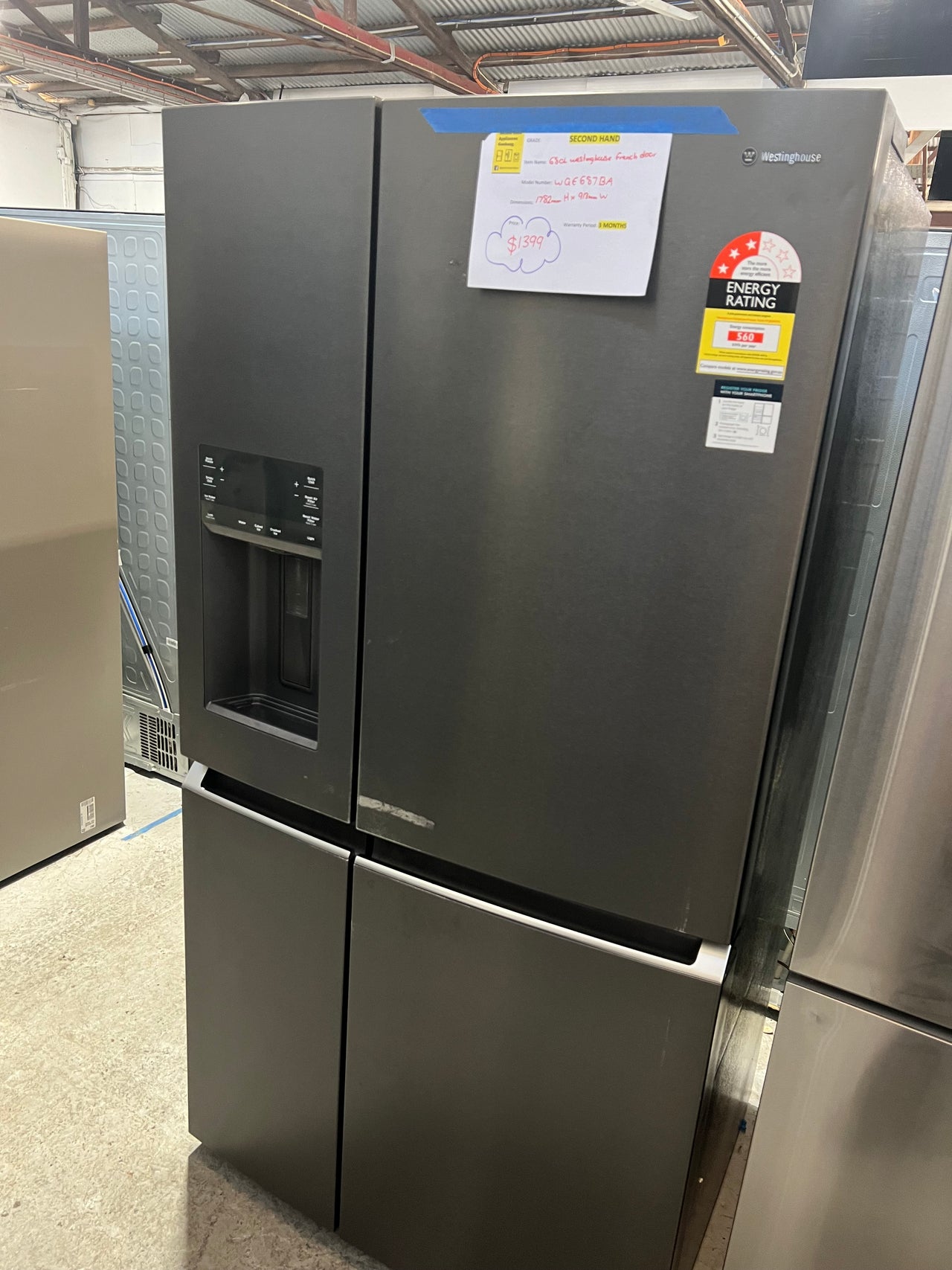 Second hand Westinghouse 609L Dark Stainless Steel French Door Frost Free Fridge Model: WQE6870BA - Second Hand Appliances Geebung