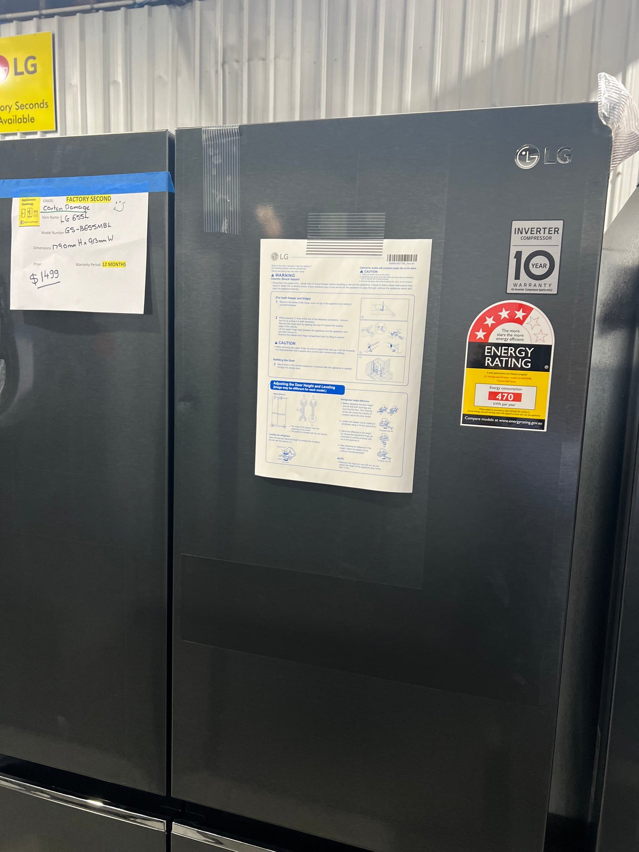 Transportation damaged LG 655L Side by Side Fridge GS-B655MBL - Second Hand Appliances Geebung