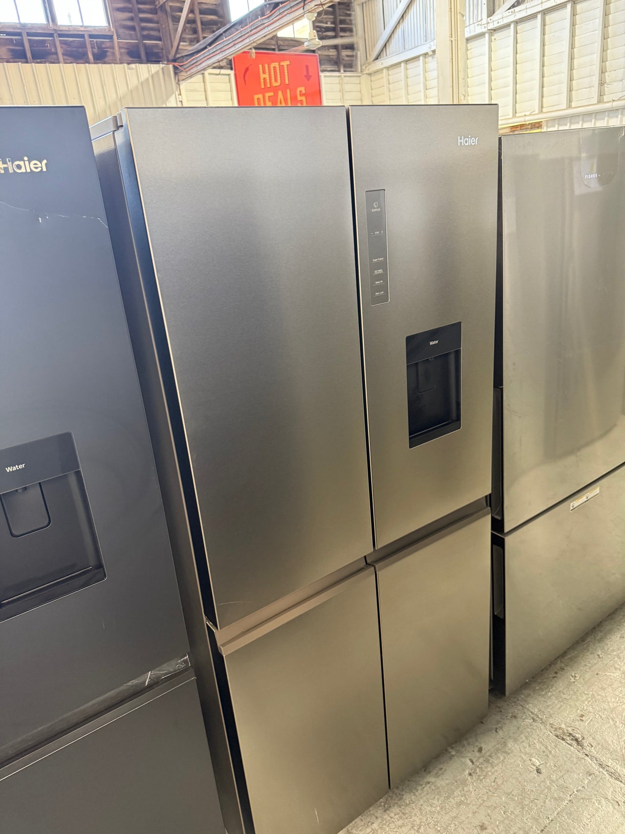 Factory second Haier 508L Quad Door Fridge with Ice & Plumbed-in Water Dispenser - Stainless Steel Model: HRF580YPS - Second Hand Appliances Geebung