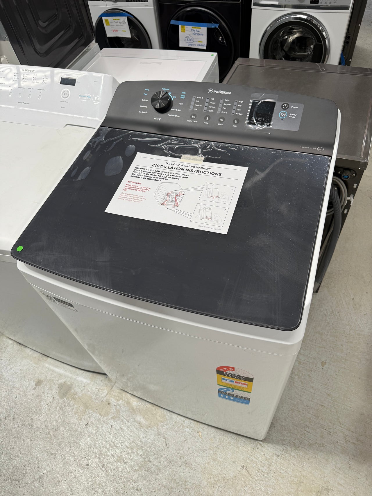 Transportation damaged Westinghouse 8kg Top Load Washer WWT8084J7WA