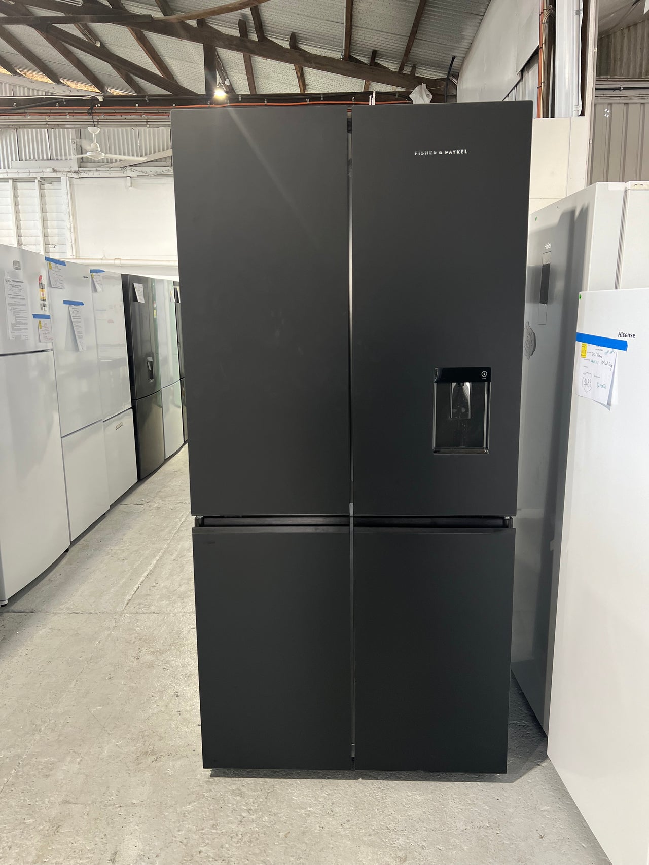 Factory Second Fisher & Paykel 690L Recessed Handle Quad Door Fridge with Ice & Water Dispenser - Matte Black Glass RF730QZUVB1 - Second Hand Appliances Geebung