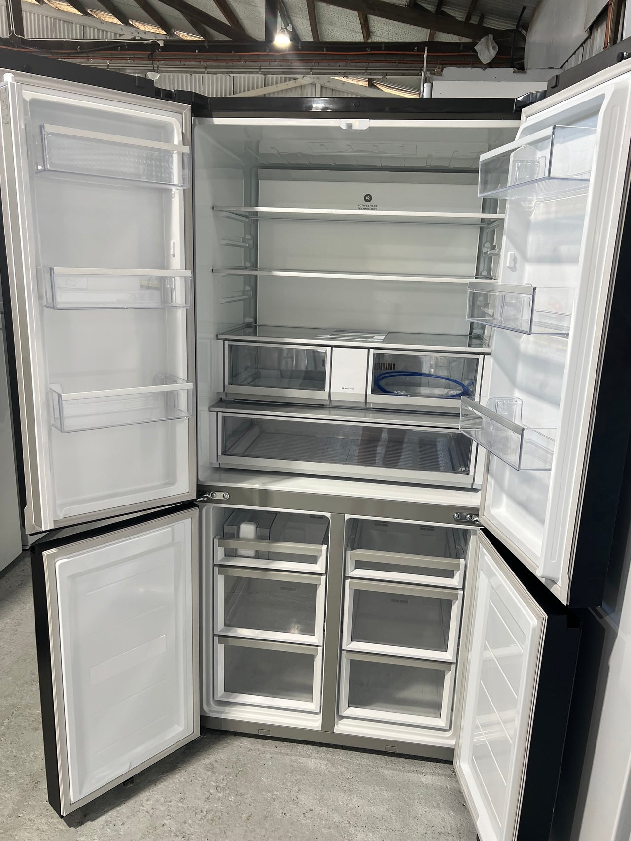 Factory Second Fisher & Paykel 690L Recessed Handle Quad Door Fridge with Ice & Water Dispenser - Matte Black Glass RF730QZUVB1 - Second Hand Appliances Geebung