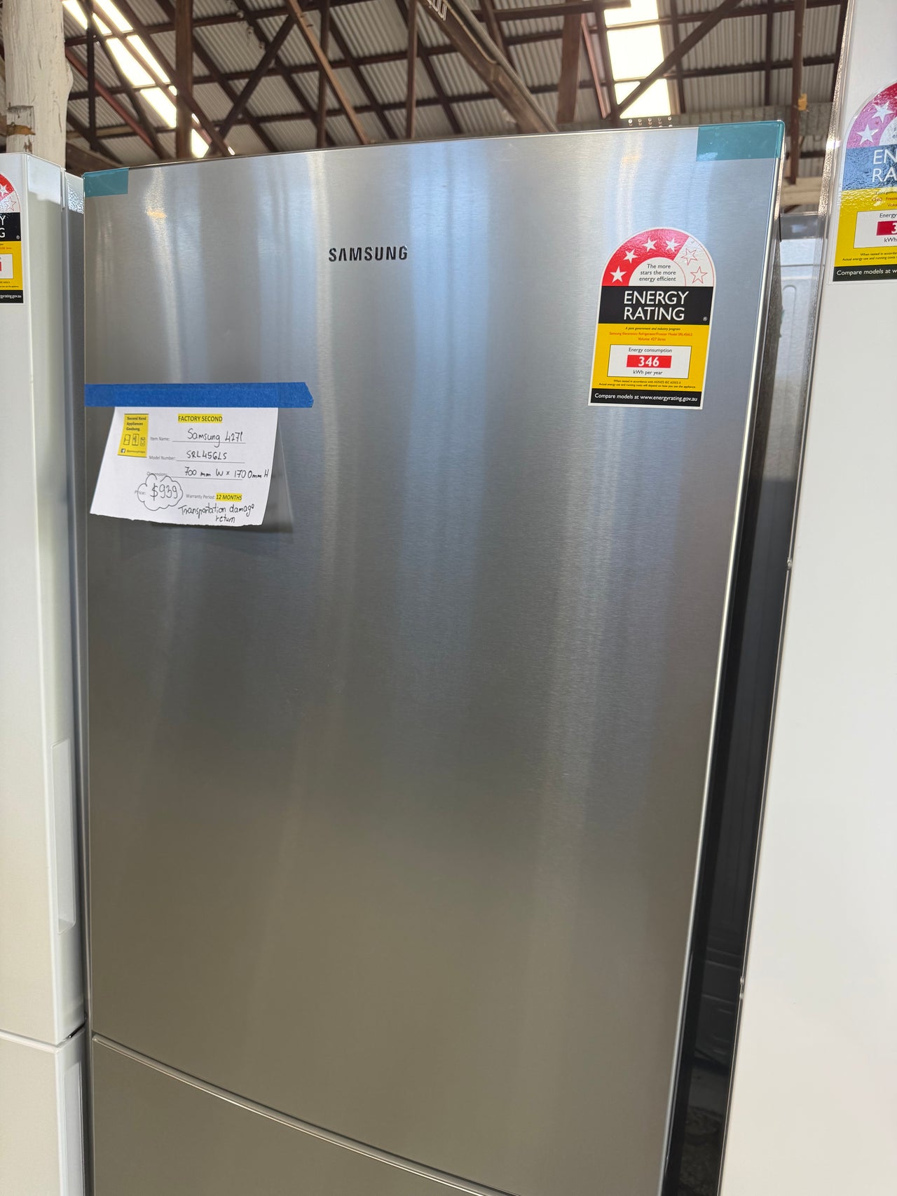 Transportation damaged Samsung 427L Bottom Mount Refrigerator Model: SRL456LS