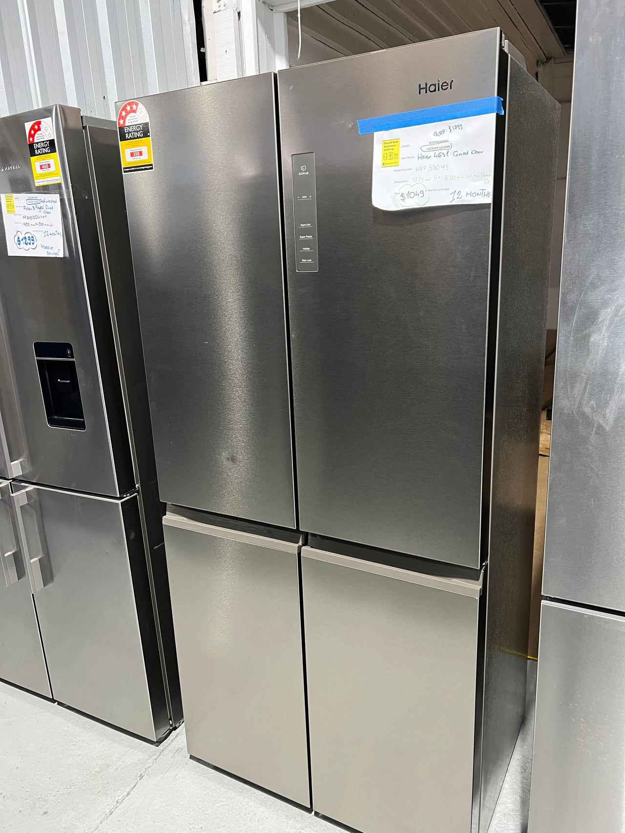 Factory second Haier 463L Quad Door Refrigerator Stainless Steel HRF530YS/ 4 star energy rating - Second Hand Appliances Geebung