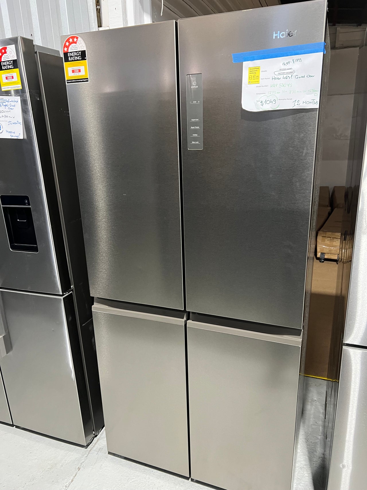 Factory second Haier 463L Quad Door Refrigerator Stainless Steel HRF530YS/ 4 star energy rating - Second Hand Appliances Geebung