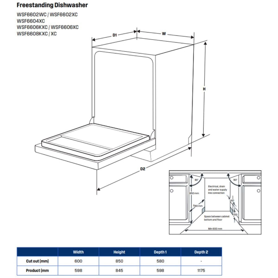 Factory second Westinghouse 60cm 15 Place Freestanding Dishwasher – Stainless Steel WSF6608XC
