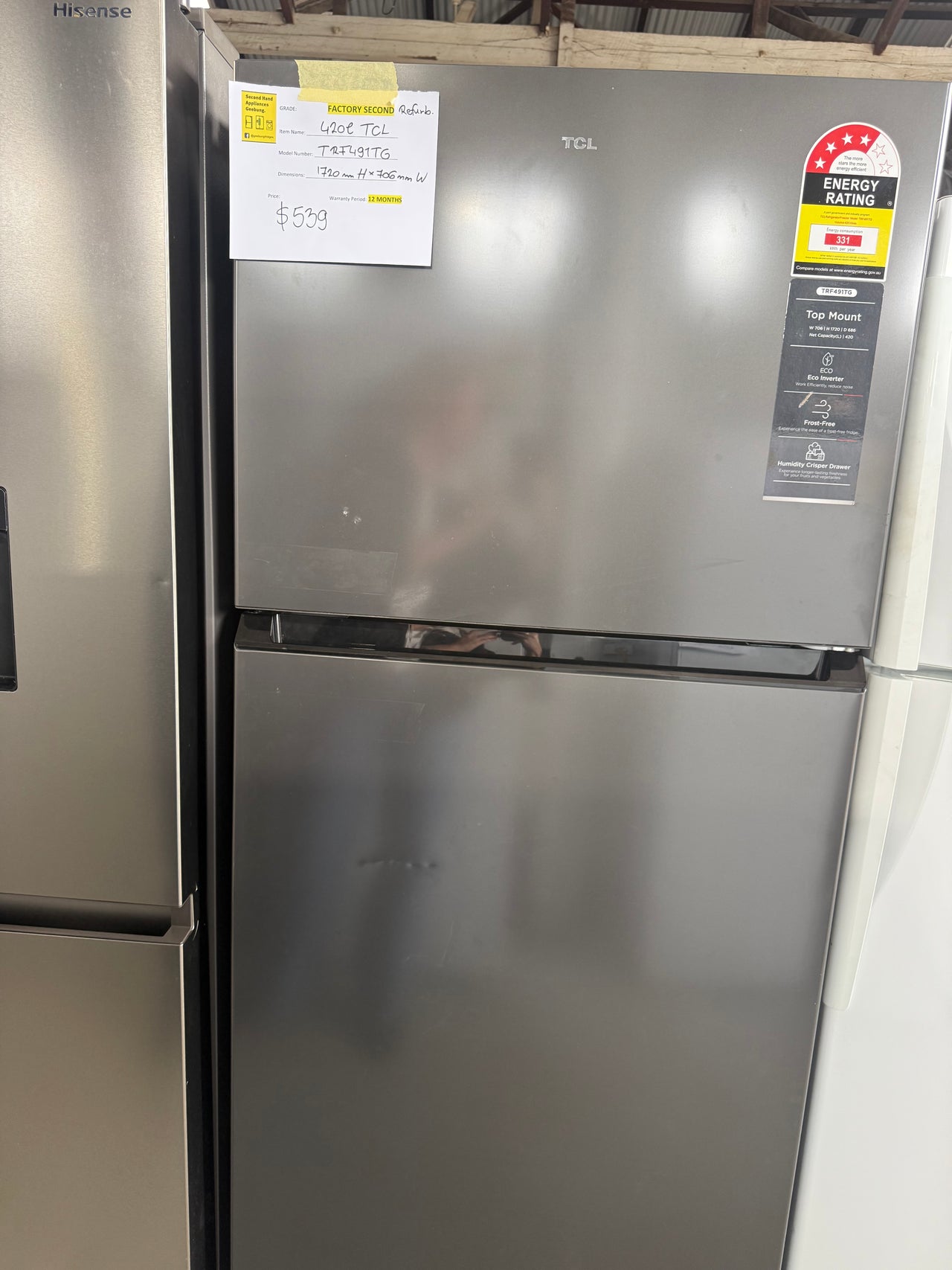 Factory second 420L TCL Top Mount Refrigerator – TRF491TG