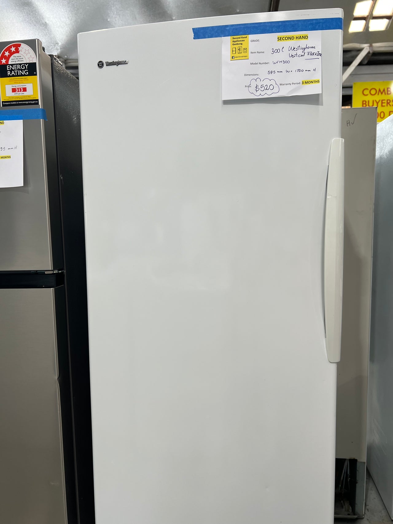 Second hand 300L Vertical Freezer WFM3000WB front top side