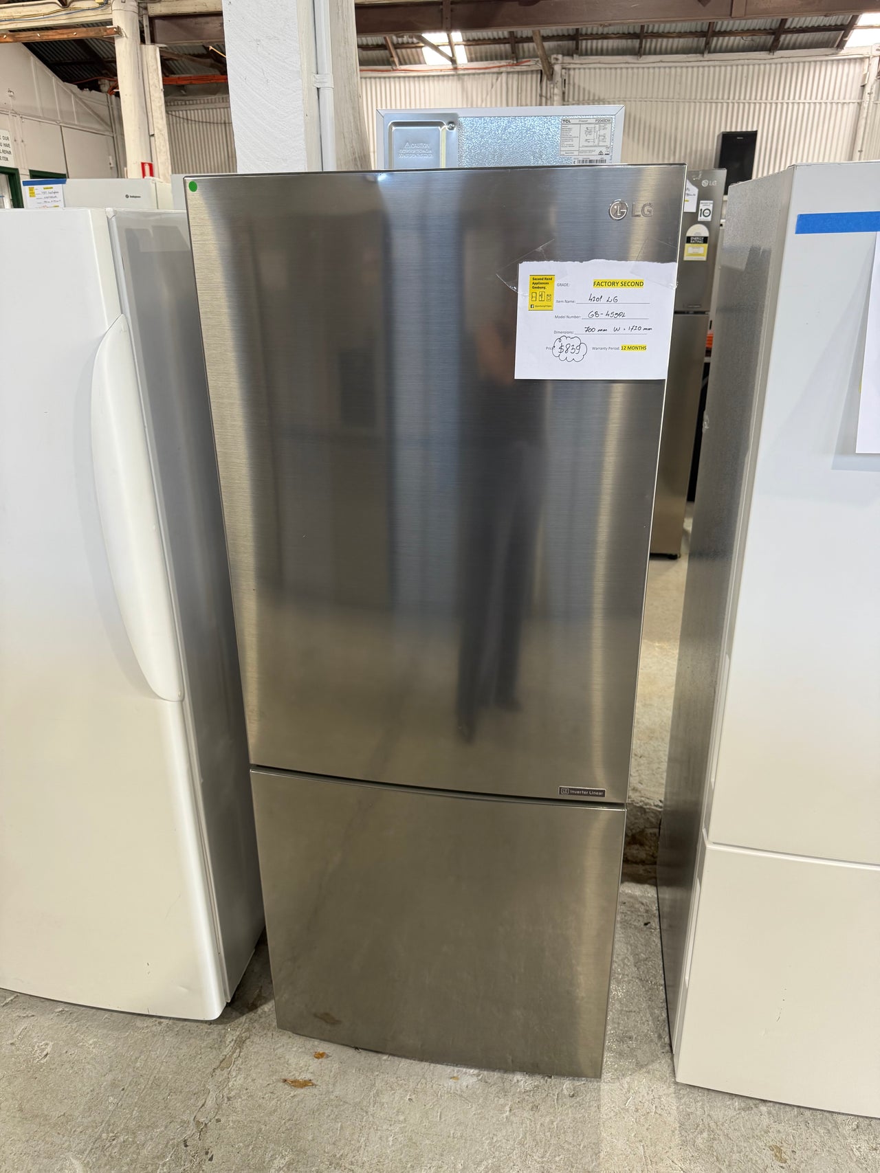 Factory second LG 420L Bottom Mount Refrigerator Model:GB-455PL