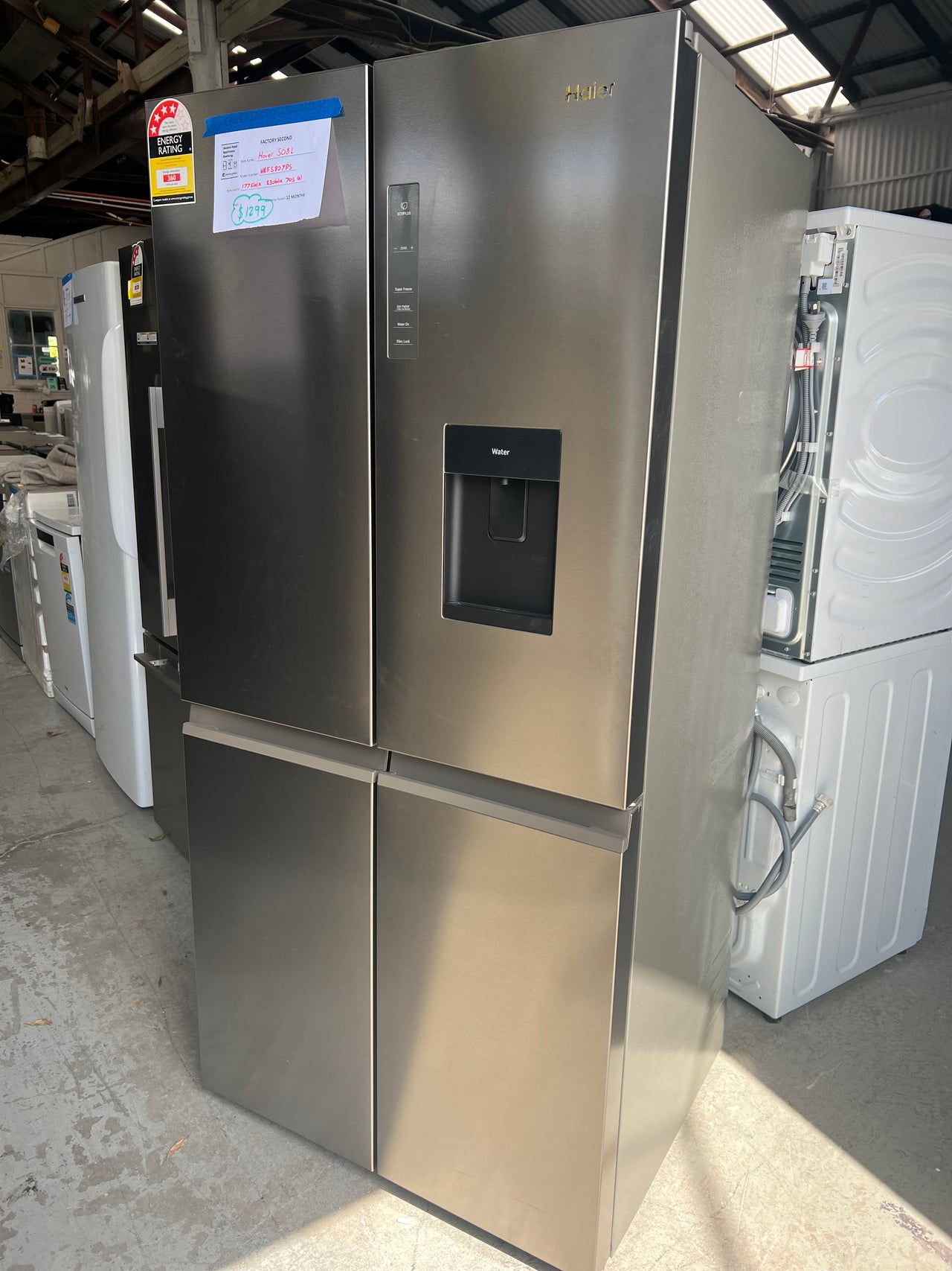 Factory second Haier 508L Quad Door Fridge with Ice Plumbed-in Water Dispenser - Stainless Steel Model: HRF580YPS - Second Hand Appliances Geebung