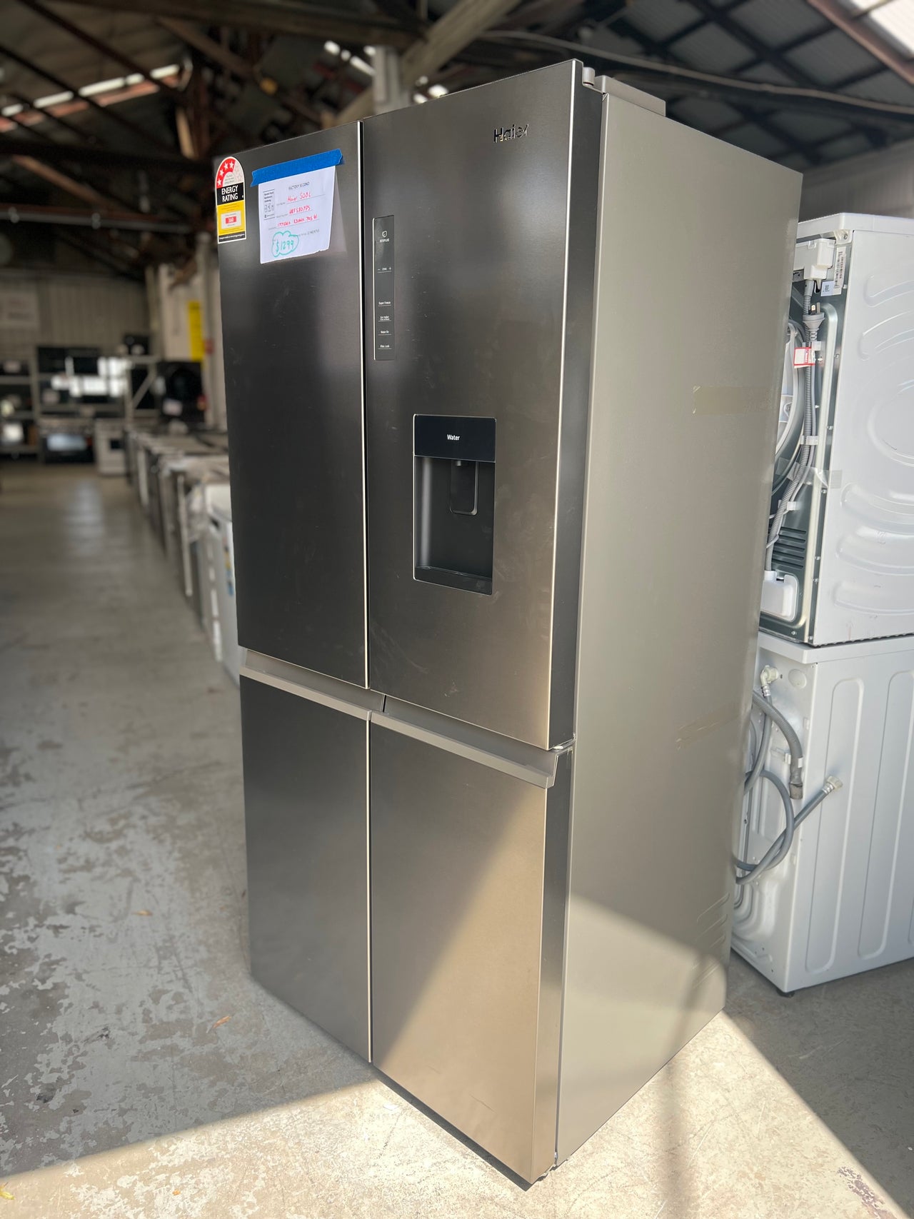 Factory second Haier 508L Quad Door Fridge with Ice Plumbed-in Water Dispenser - Stainless Steel Model: HRF580YPS - Second Hand Appliances Geebung