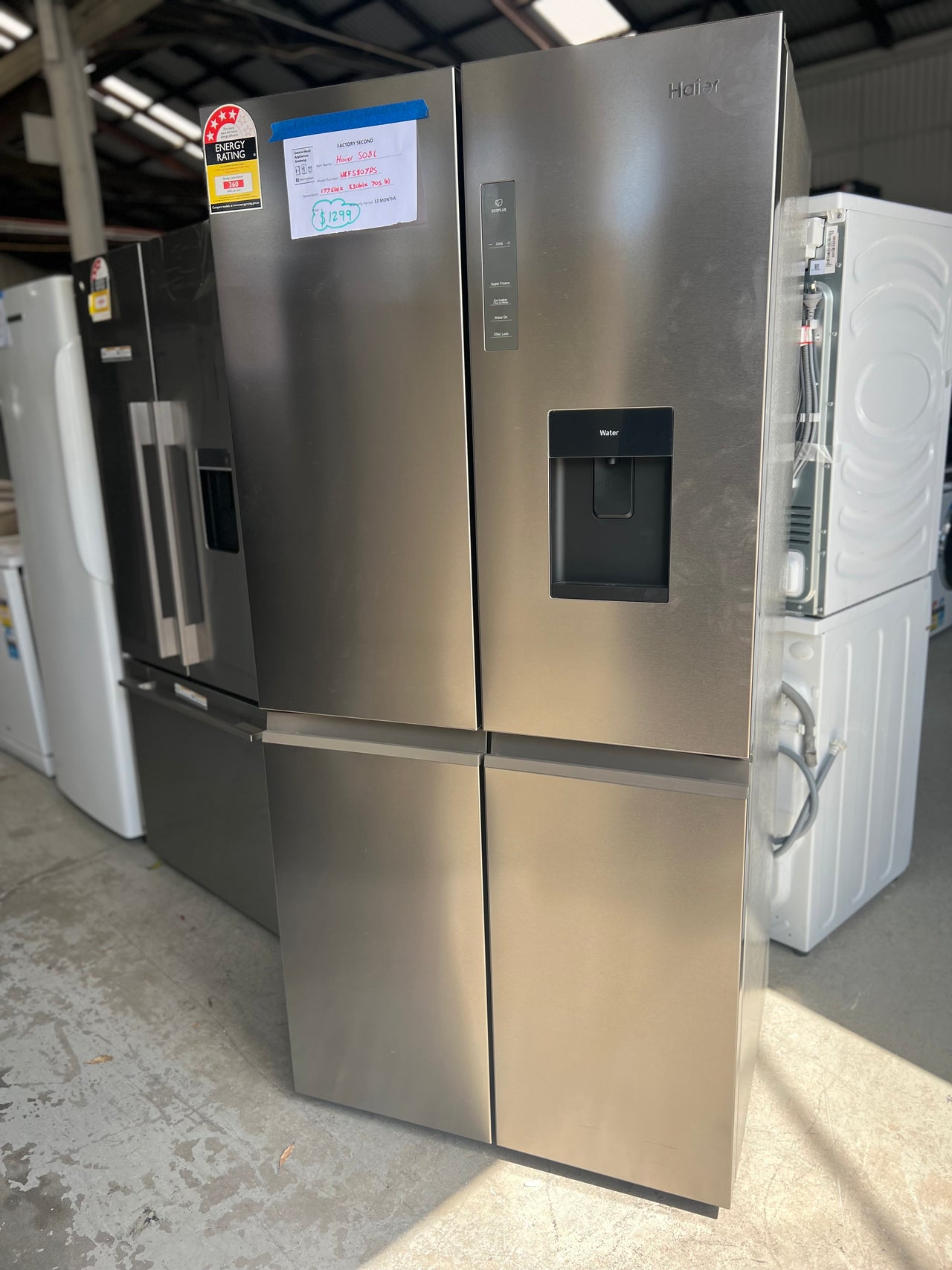 Factory second Haier 508L Quad Door Fridge with Ice Plumbed-in Water Dispenser - Stainless Steel Model: HRF580YPS - Second Hand Appliances Geebung