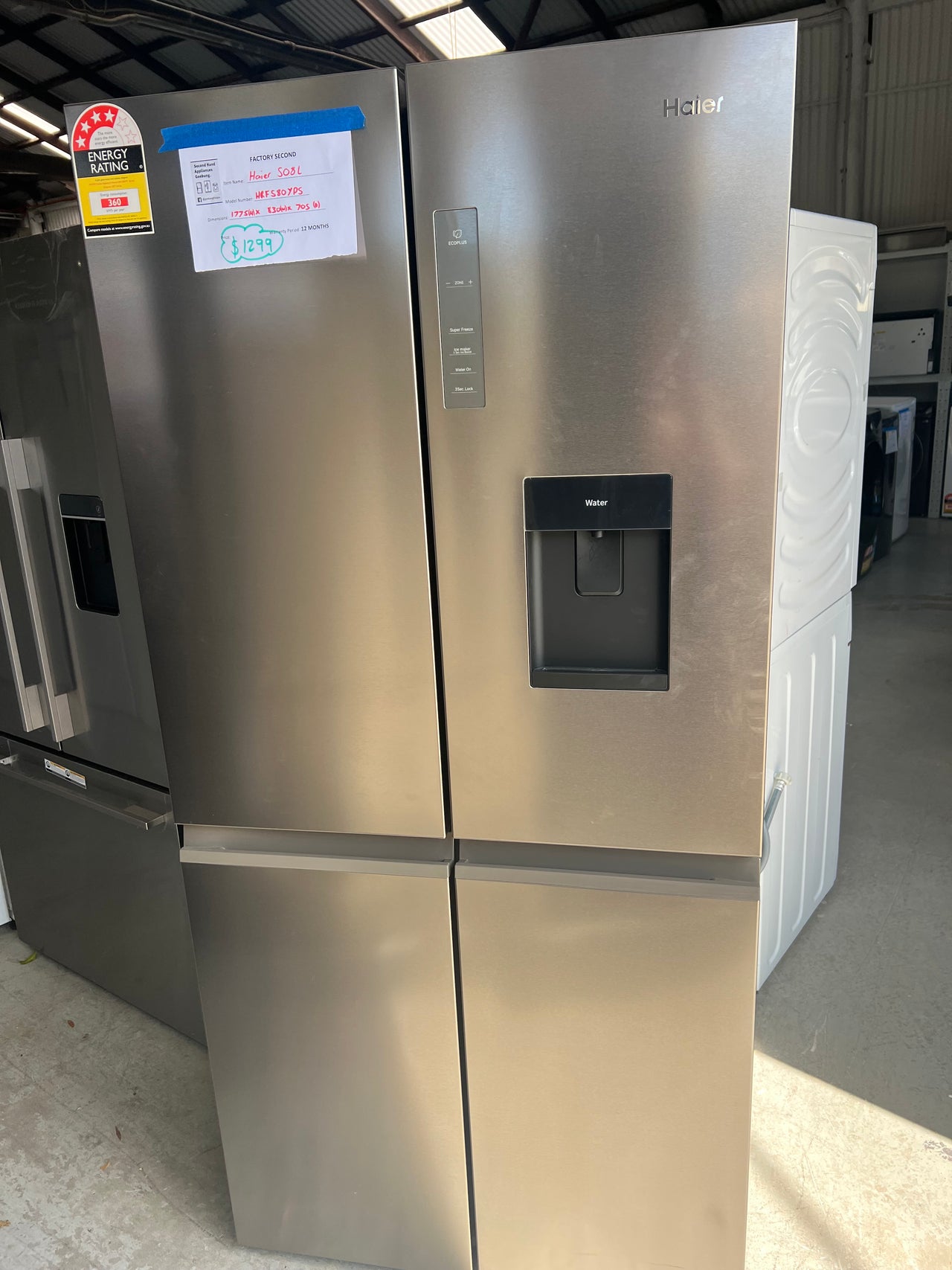 Factory second Haier 508L Quad Door Fridge with Ice Plumbed-in Water Dispenser - Stainless Steel Model: HRF580YPS - Second Hand Appliances Geebung