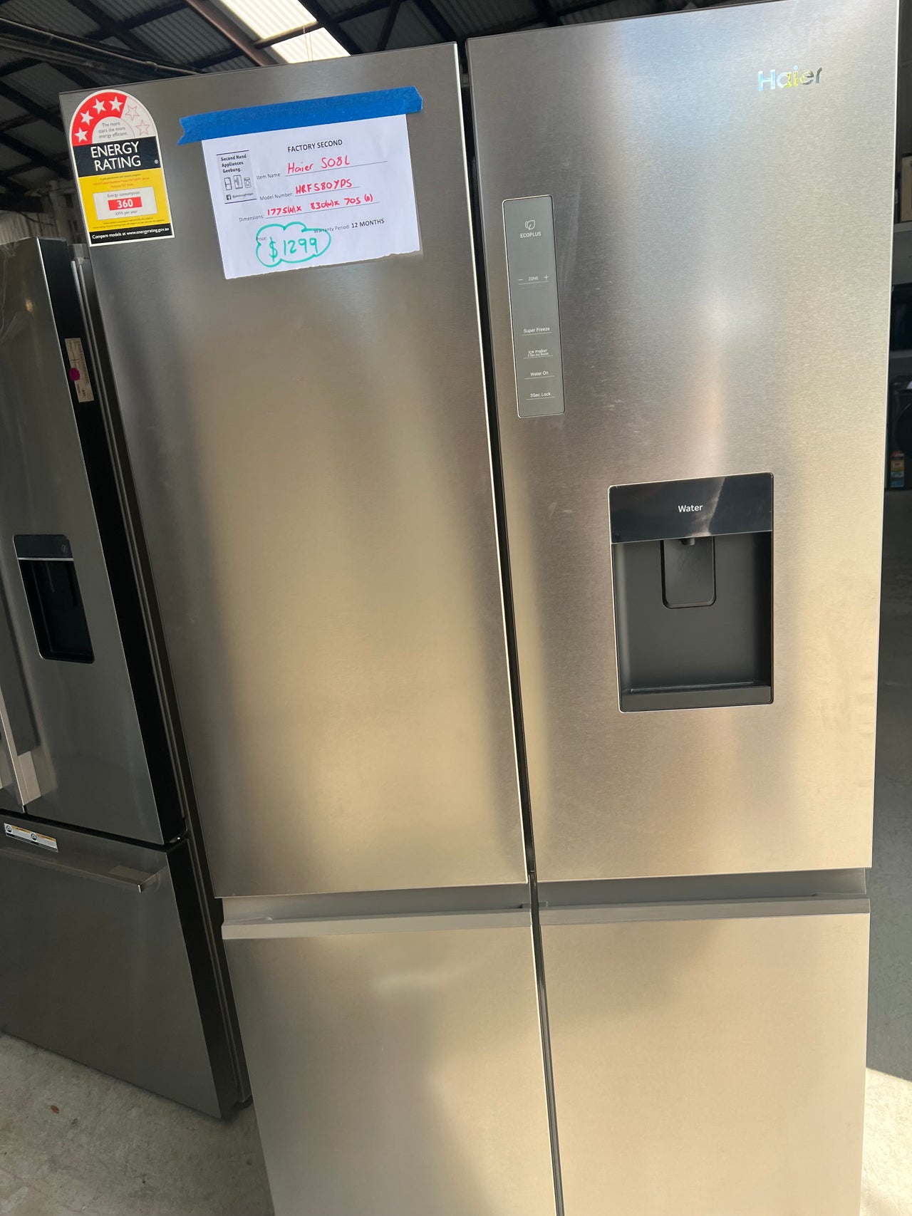 Factory second Haier 508L Quad Door Fridge with Ice Plumbed-in Water Dispenser - Stainless Steel Model: HRF580YPS - Second Hand Appliances Geebung