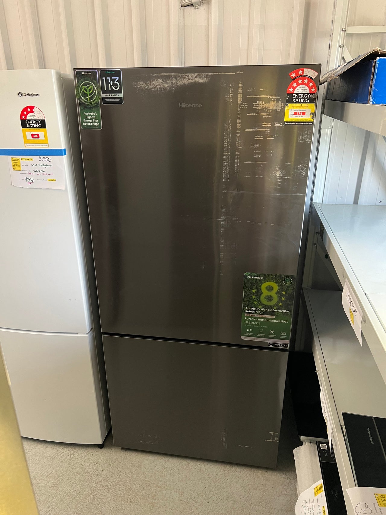 Factory second Hisense 503L Eco Vision Bottom Mount Fridge - Dark Stainless Steel HRBM503E - Second Hand Appliances Geebung