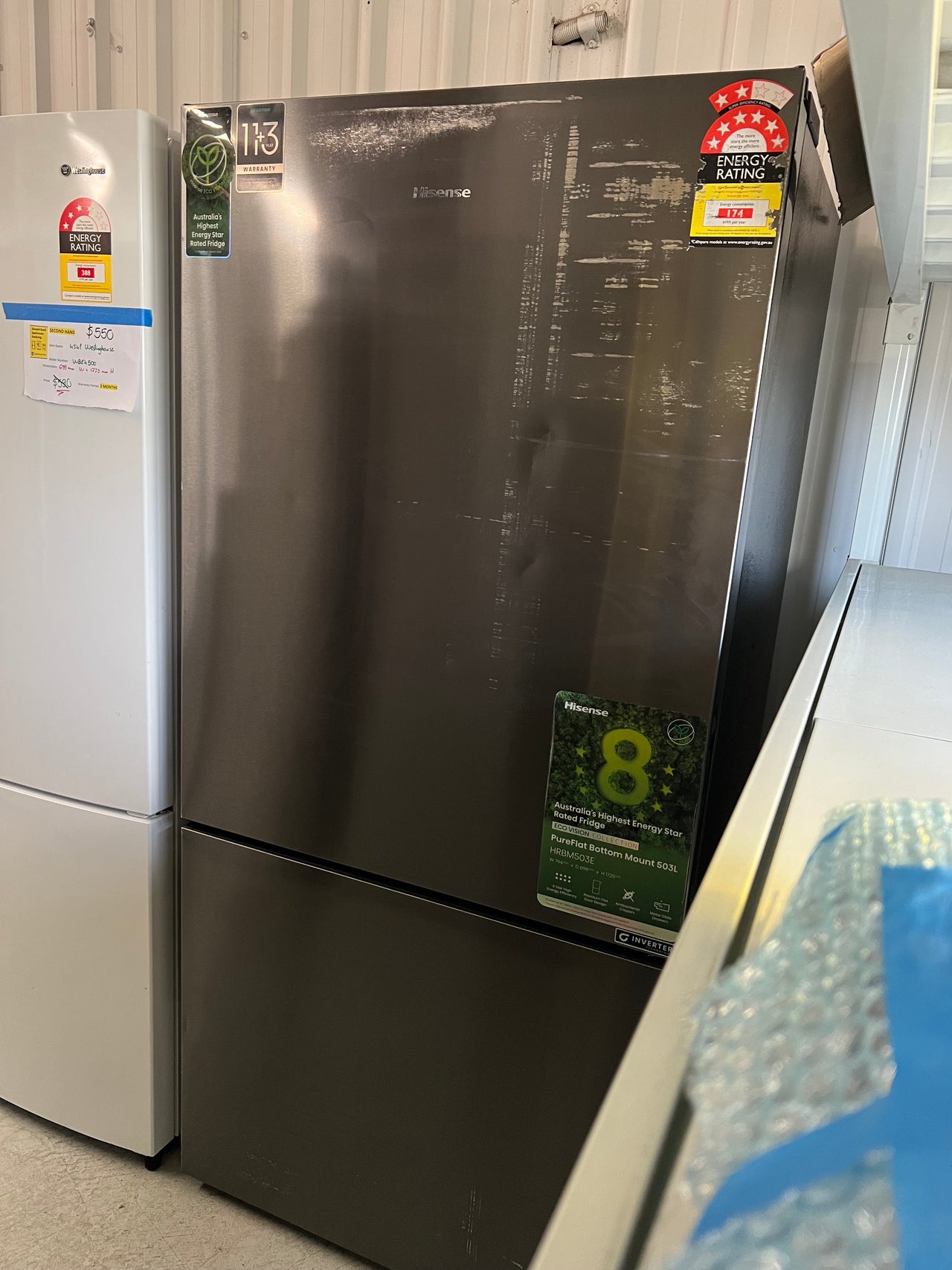 Factory second Hisense 503L Eco Vision Bottom Mount Fridge - Dark Stainless Steel HRBM503E - Second Hand Appliances Geebung