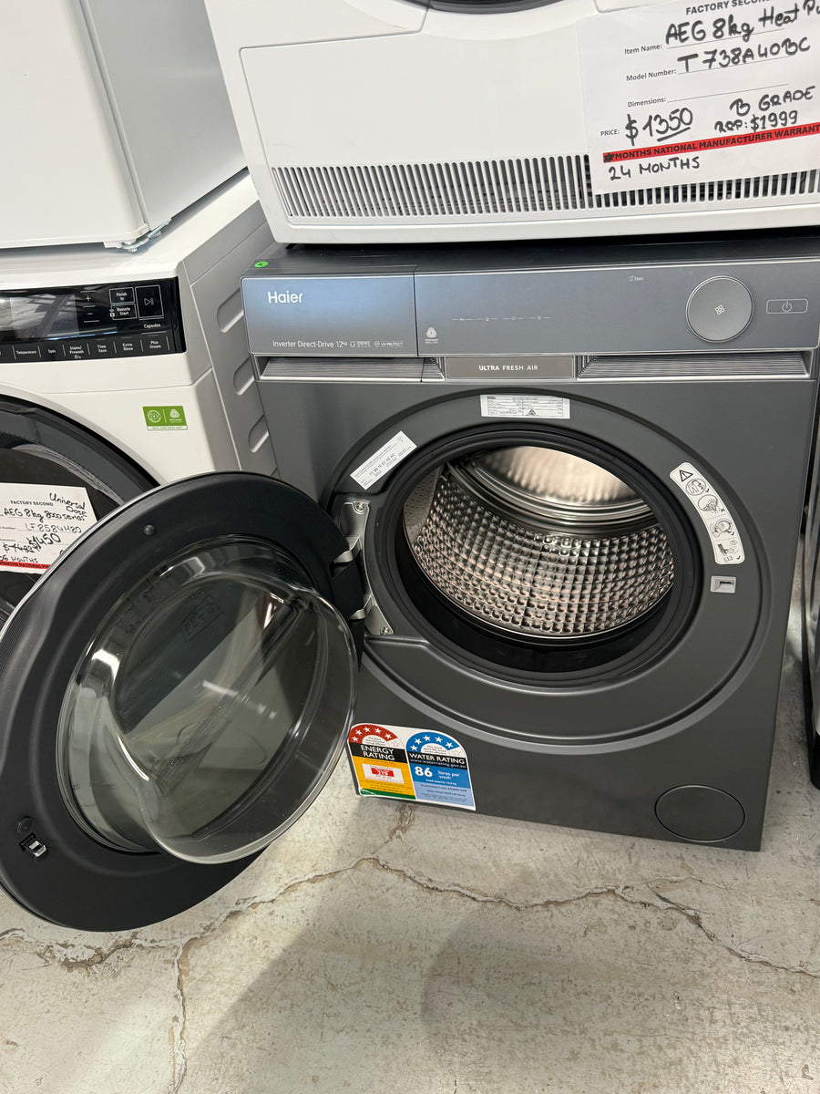 Factory Second Haier 500 Series Matching Laundry Set – 12kg Front Load Washer + 8kg Heat Pump Dryer – HWF12DB1 + HDHPS80NB1