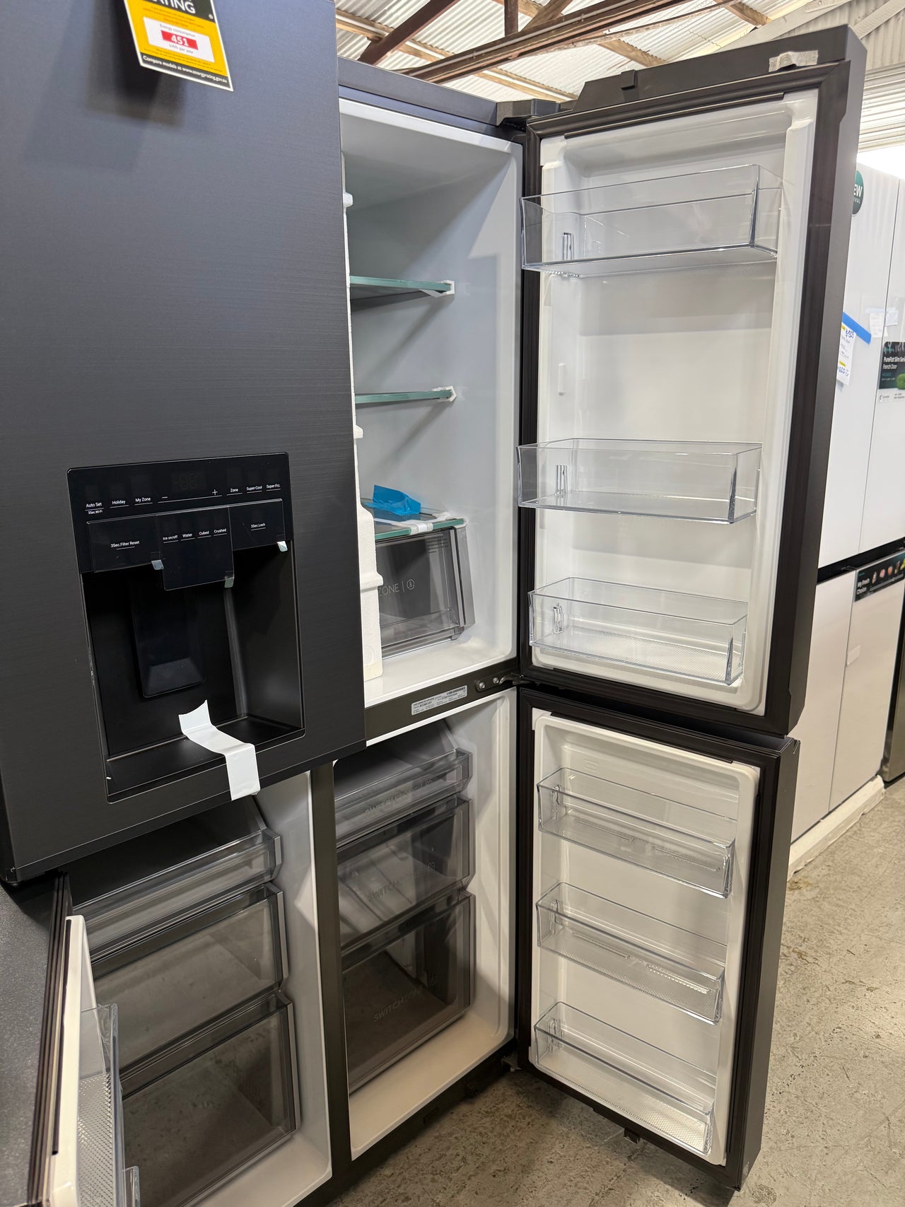 Factory second Haier 601L 600 Series Quad Door Refrigerator Freezer – Matte Black, Ice & Water  Model: HRF680YZC