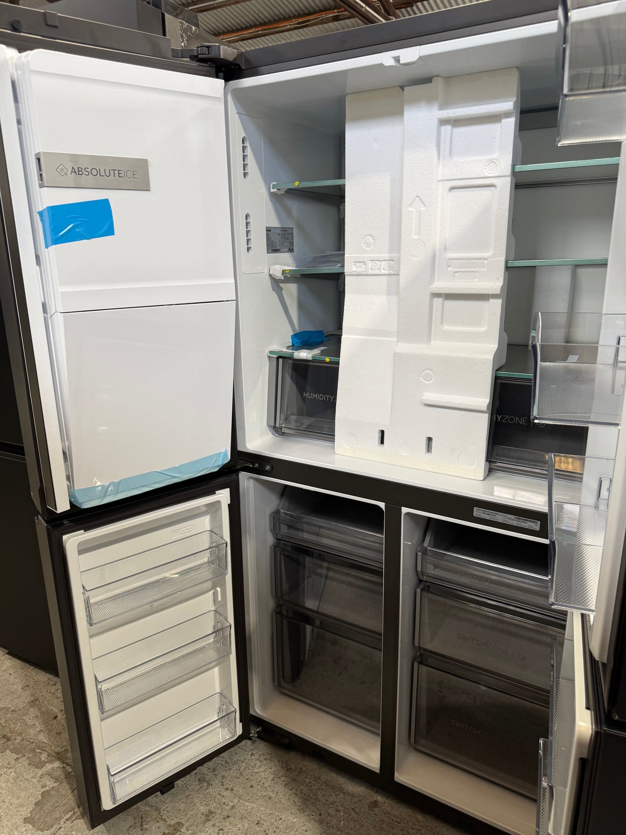 Factory second Haier 601L 600 Series Quad Door Refrigerator Freezer – Matte Black, Ice & Water  Model: HRF680YZC