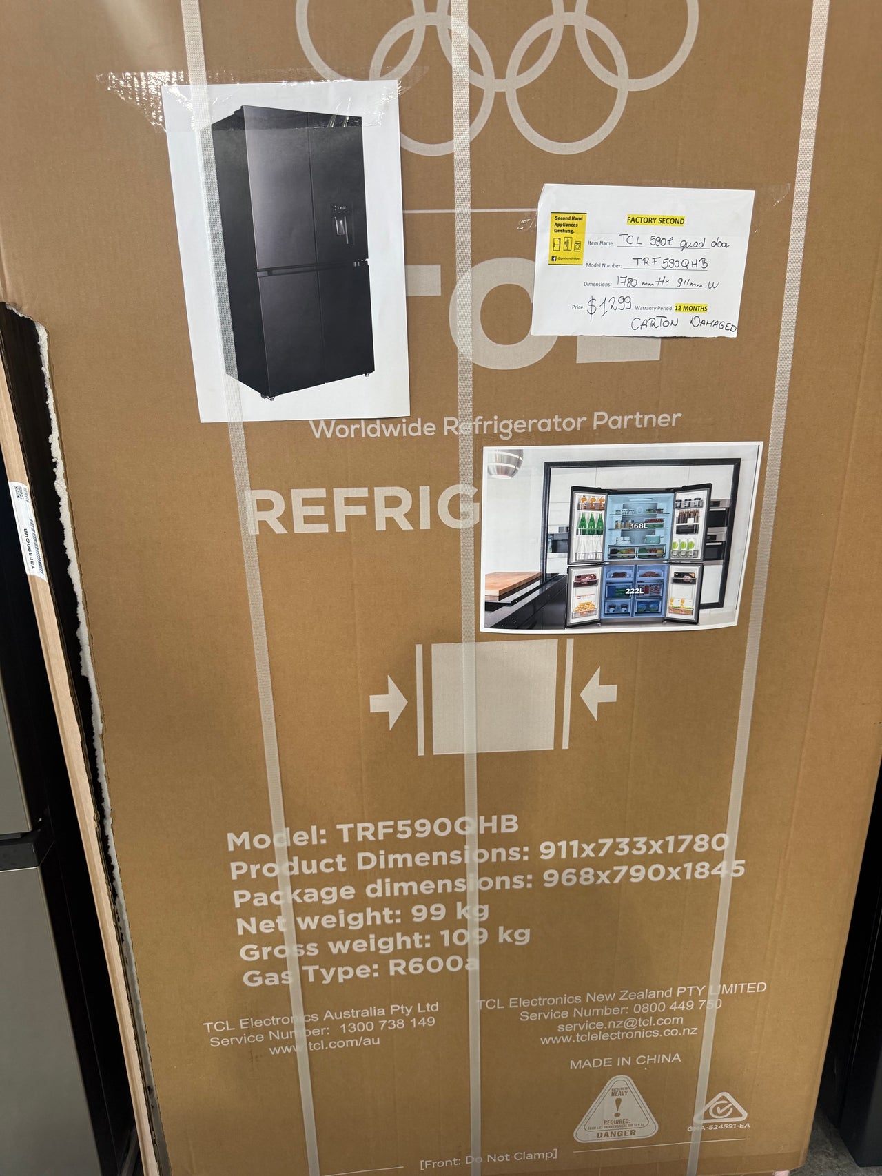 Factory second/Carton damaged TCL 590L Quad Door Fridge with Non-Plumbed Water Dispenser – TRF590QHB